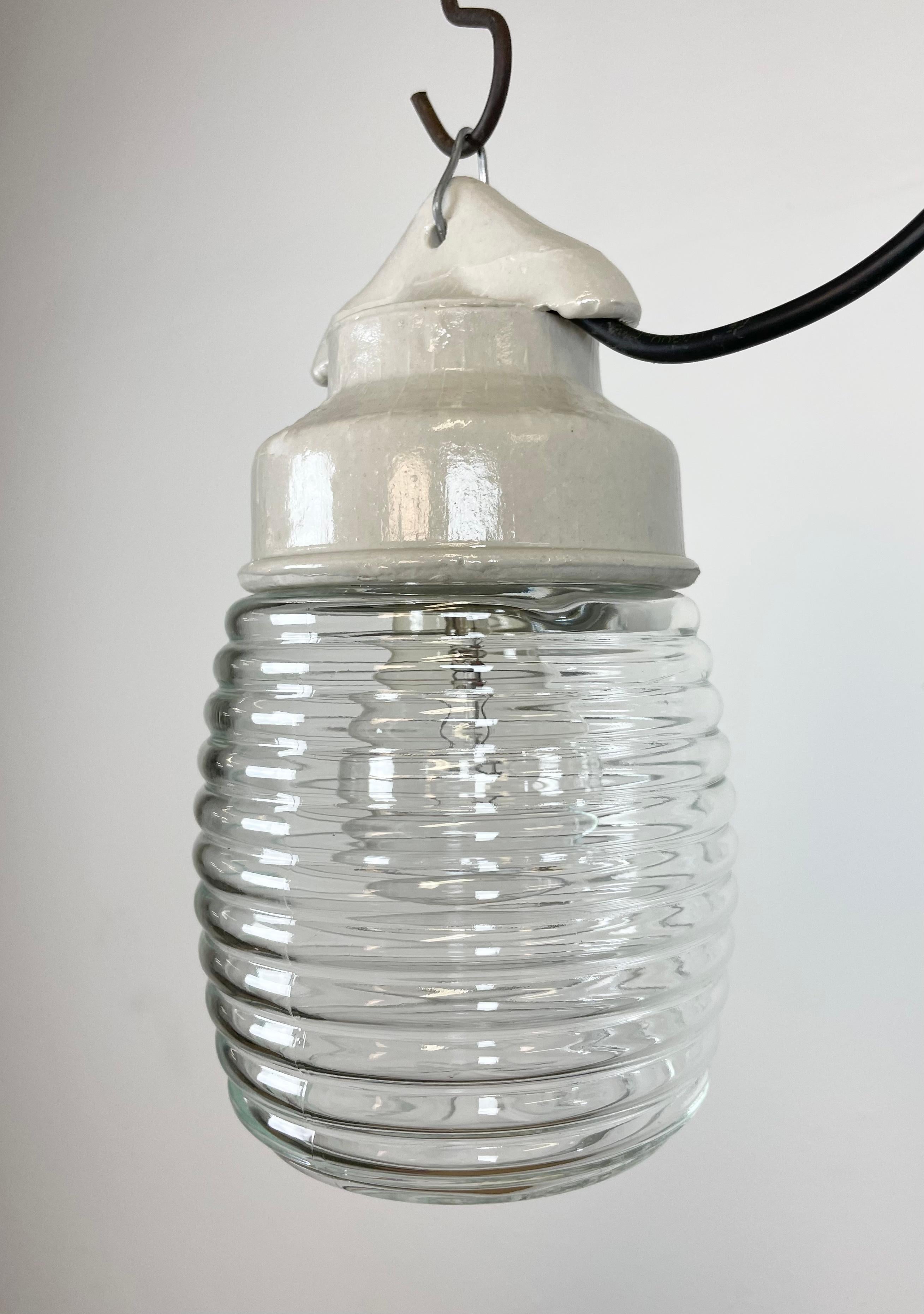 Industrial White Porcelain Pendant Light with Ribbed Clear Glass, 1970s 1