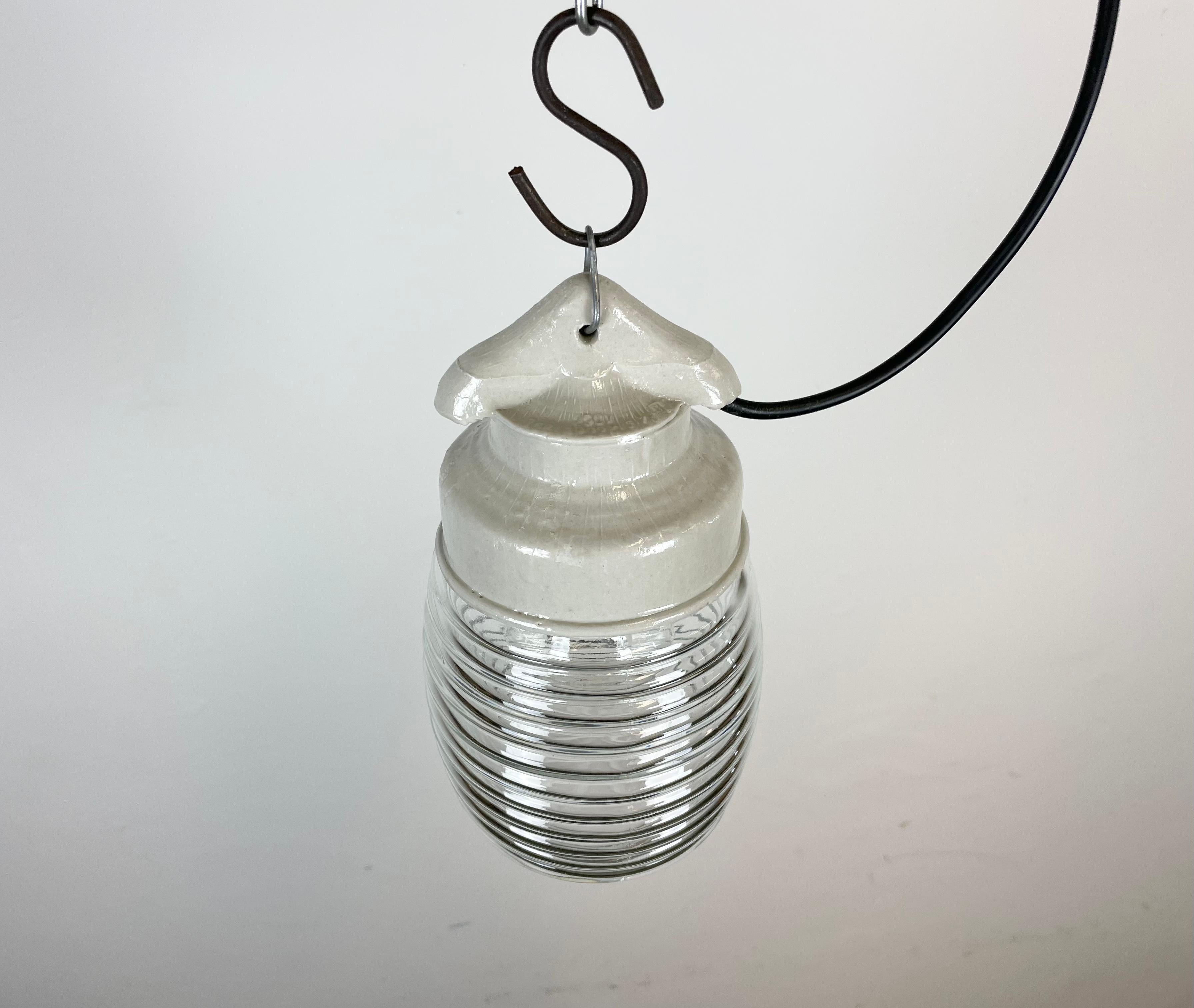 Industrial White Porcelain Pendant Light with Ribbed Clear Glass, 1970s 2
