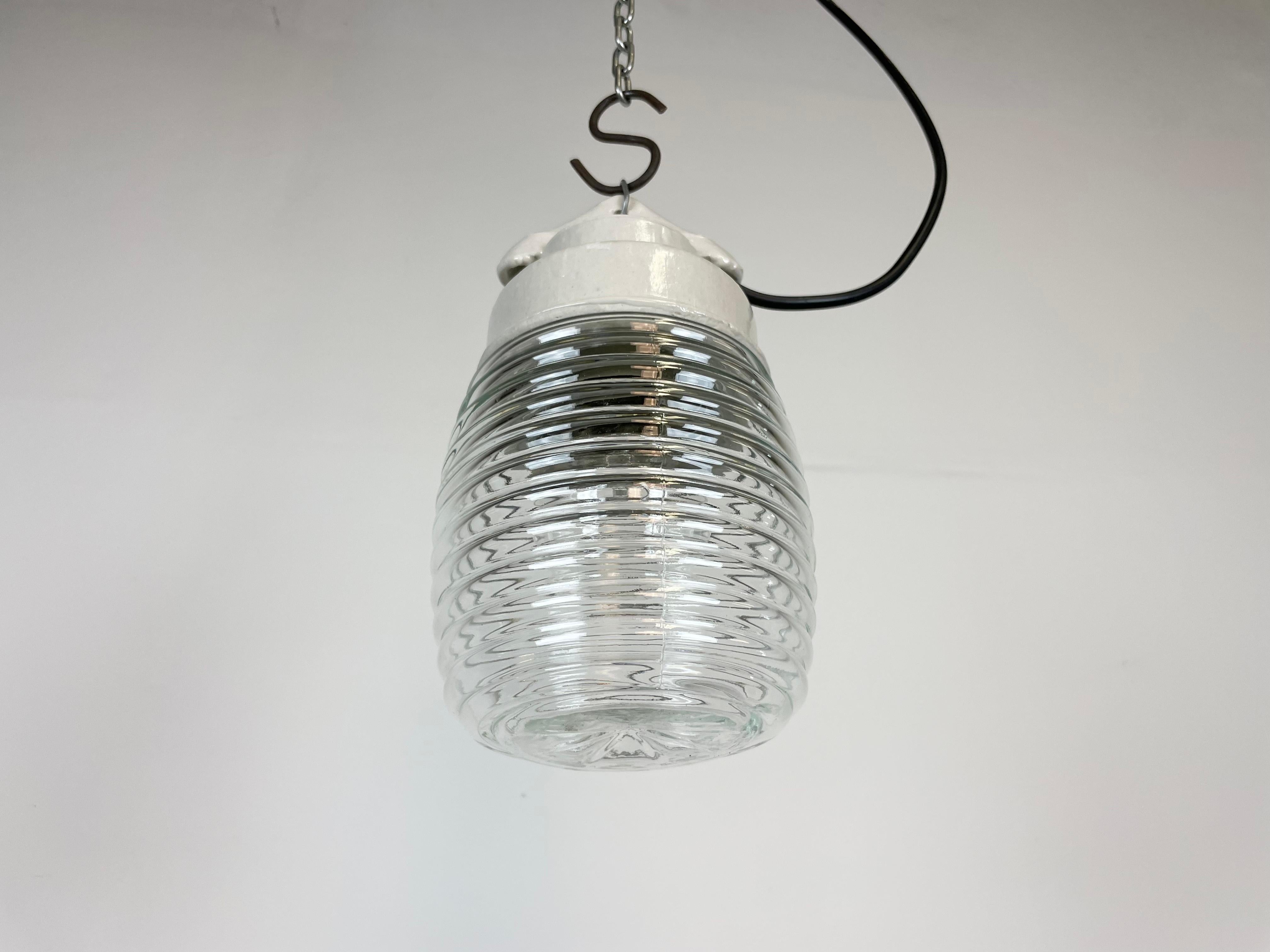 Industrial White Porcelain Pendant Light with Ribbed Clear Glass, 1970s 3