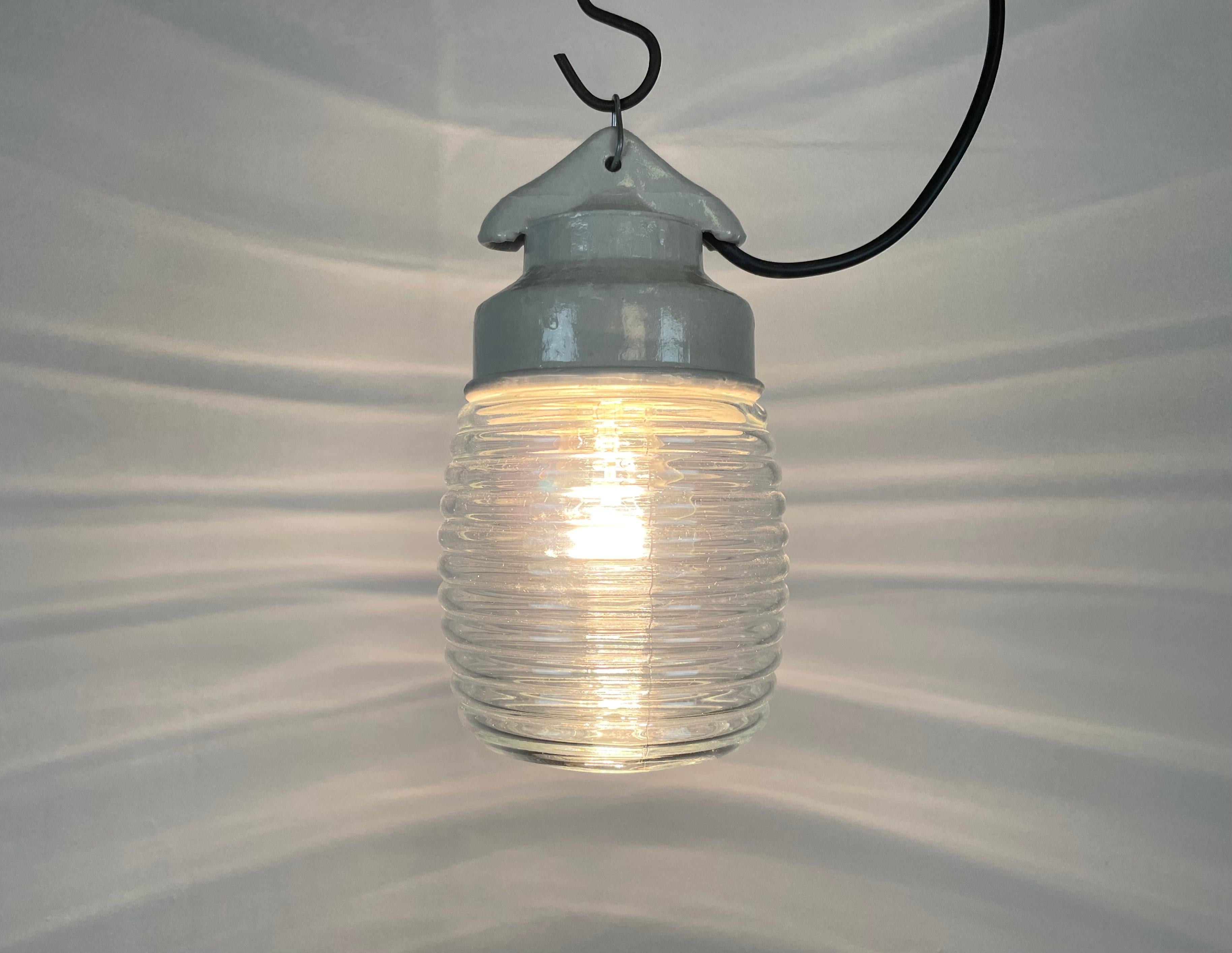 Industrial White Porcelain Pendant Light with Ribbed Clear Glass, 1970s 4