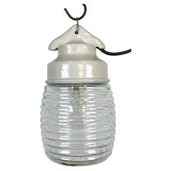 Industrial White Porcelain Pendant Light with Ribbed Clear Glass, 1970s