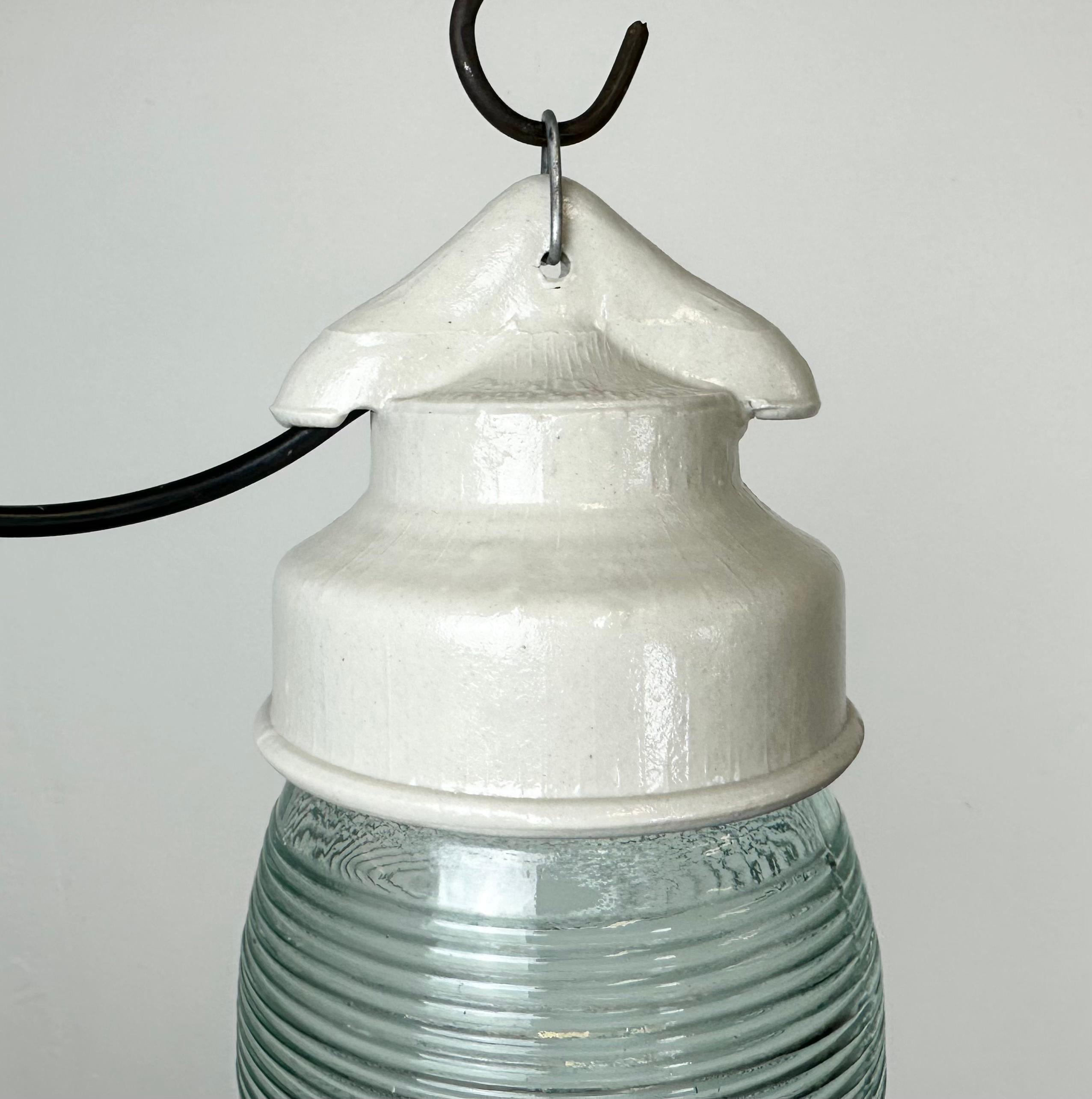 Industrial White Porcelain Pendant Light with Ribbed Glass, 1970s For Sale 5