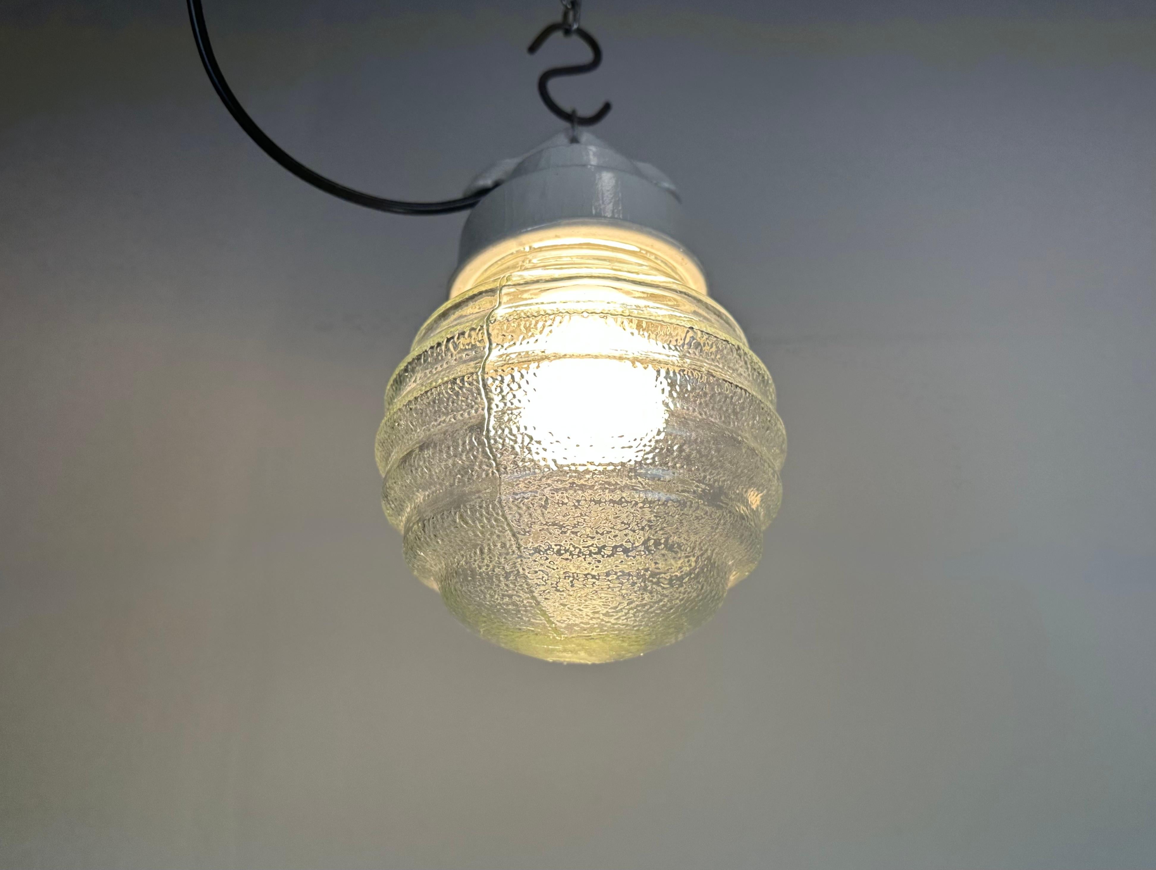 Industrial White Porcelain Pendant Light with Ribbed Glass, 1970s 5
