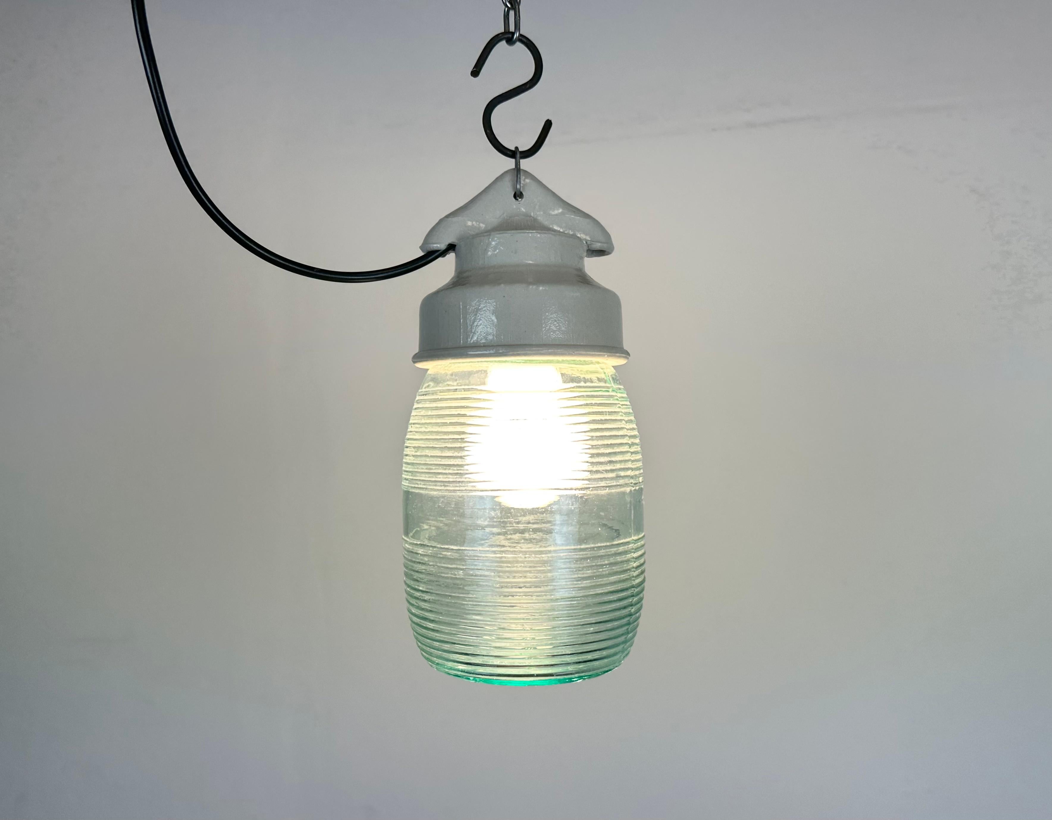 Industrial White Porcelain Pendant Light with Ribbed Glass, 1970s For Sale 6
