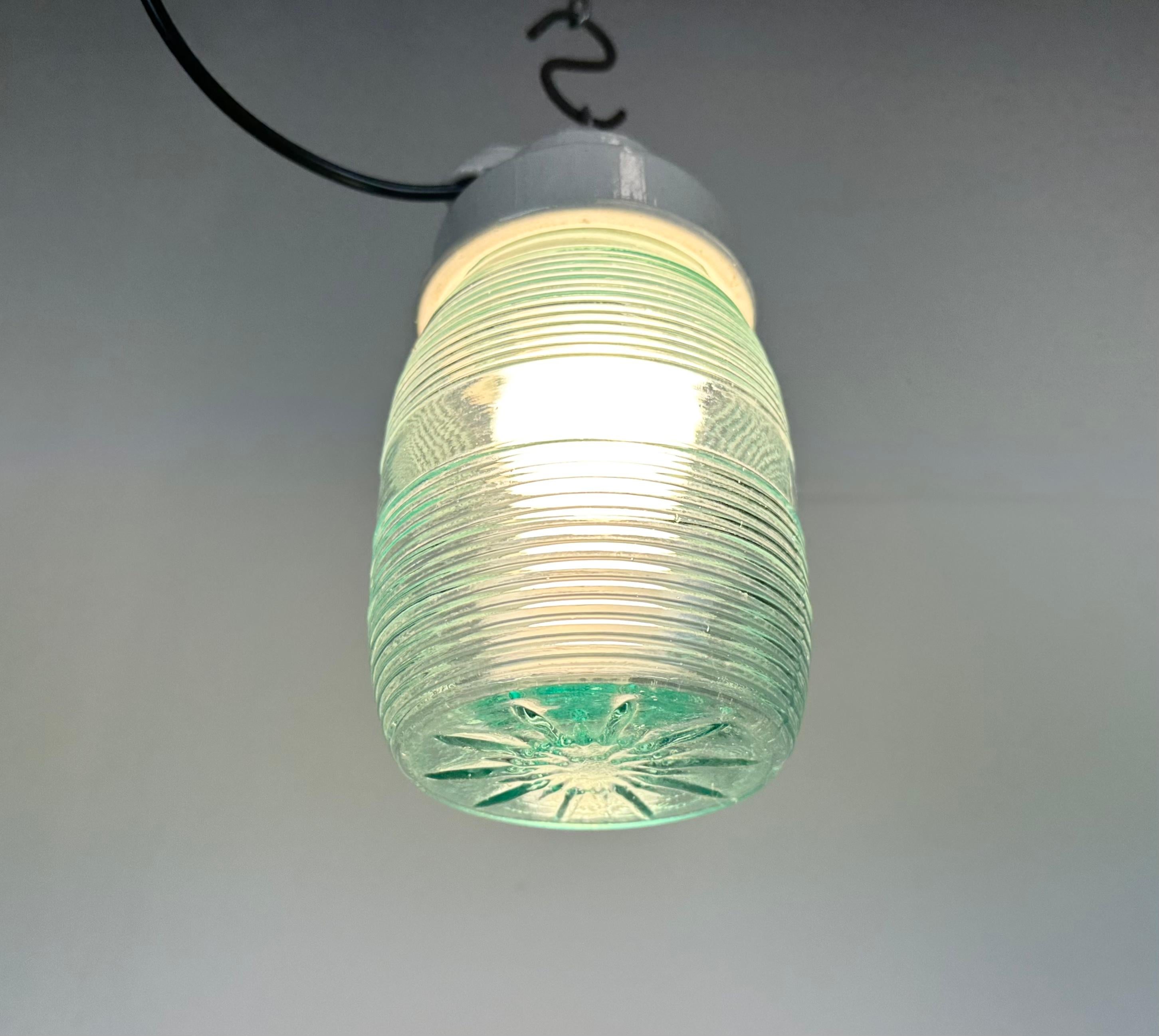 Industrial White Porcelain Pendant Light with Ribbed Glass, 1970s For Sale 7