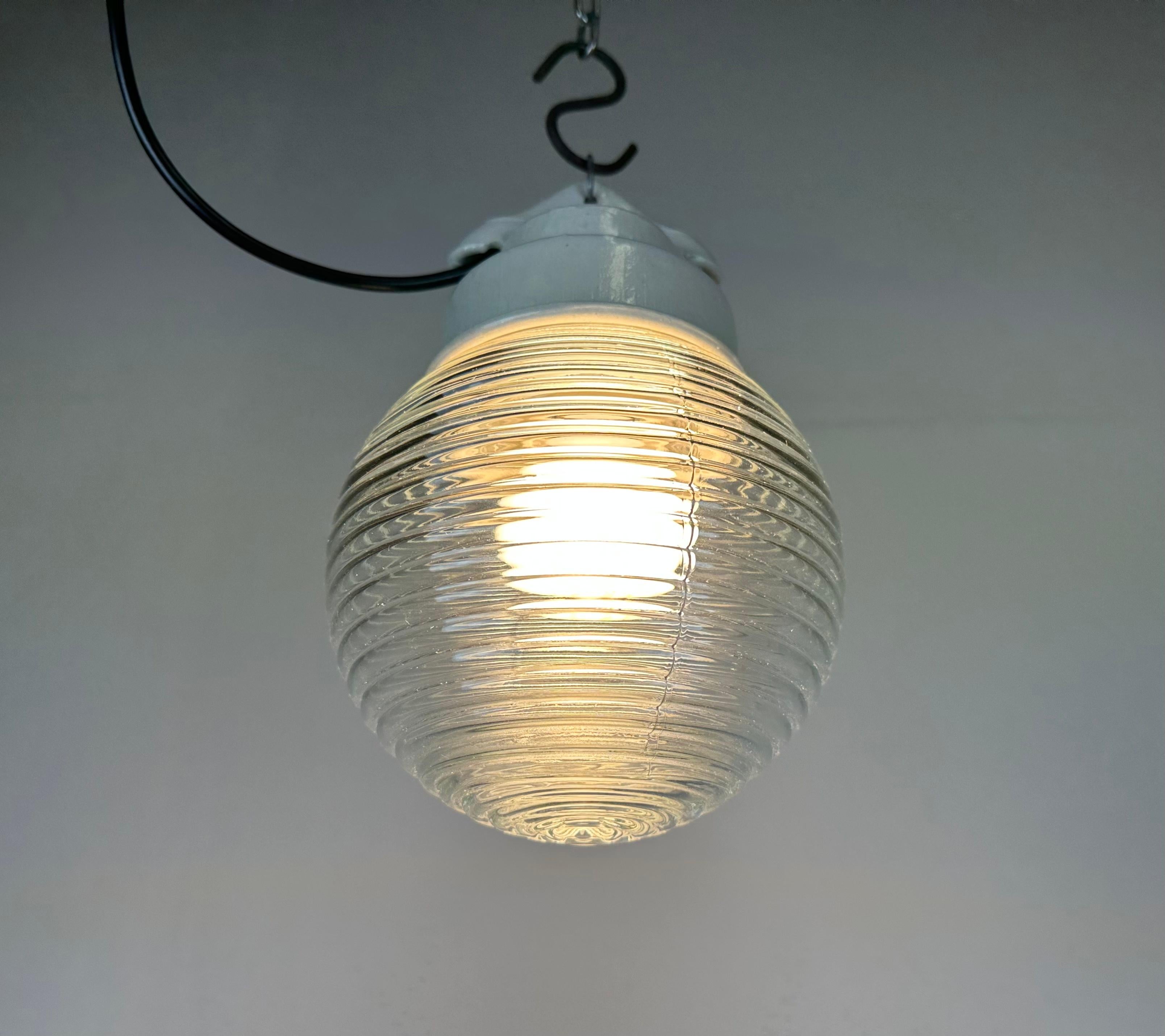 Industrial White Porcelain Pendant Light with Ribbed Glass, 1970s For Sale 7