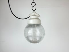 Industrial White Porcelain Pendant Light with Ribbed Glass, 1970s