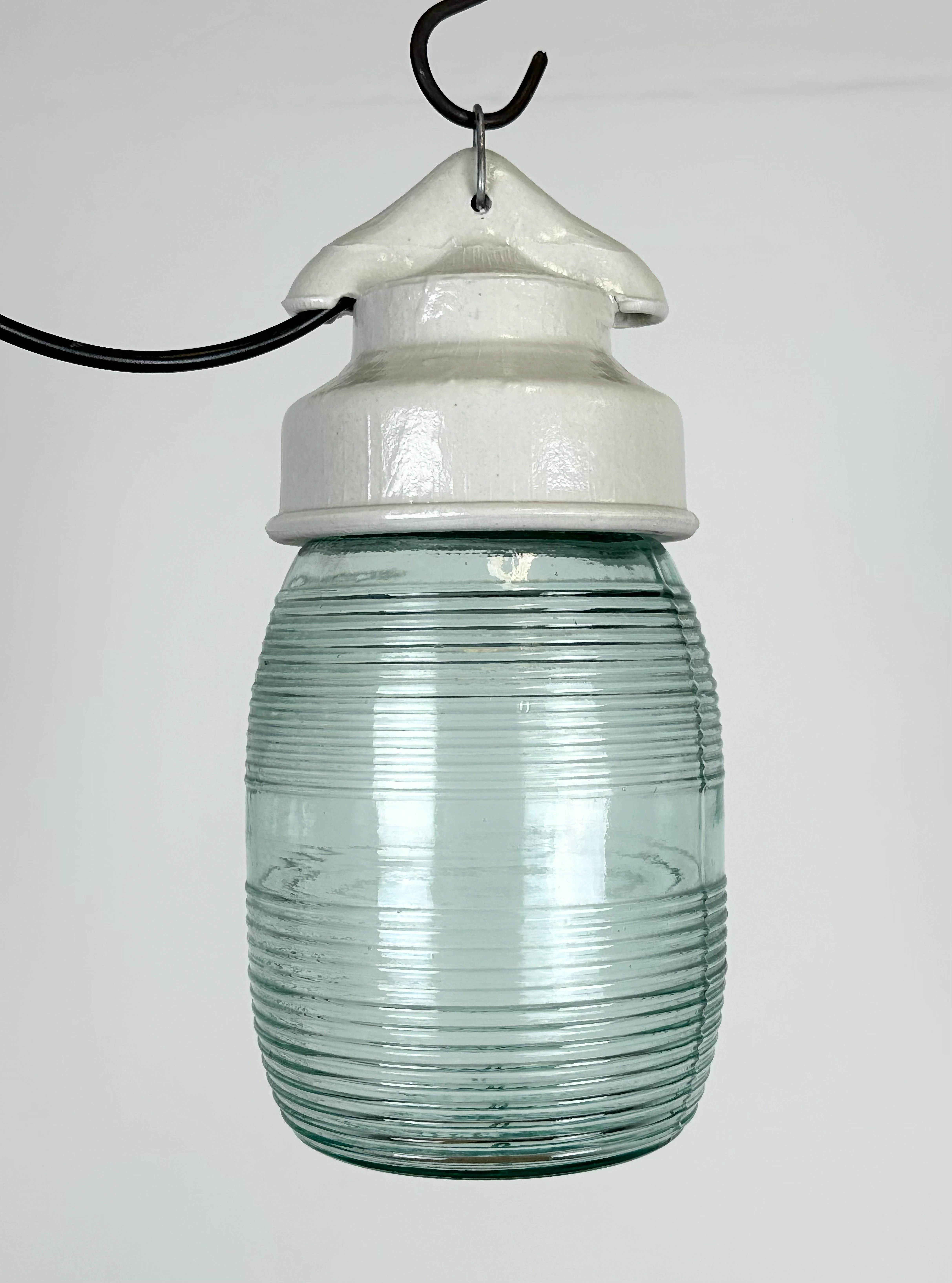 Russian Industrial White Porcelain Pendant Light with Ribbed Glass, 1970s For Sale