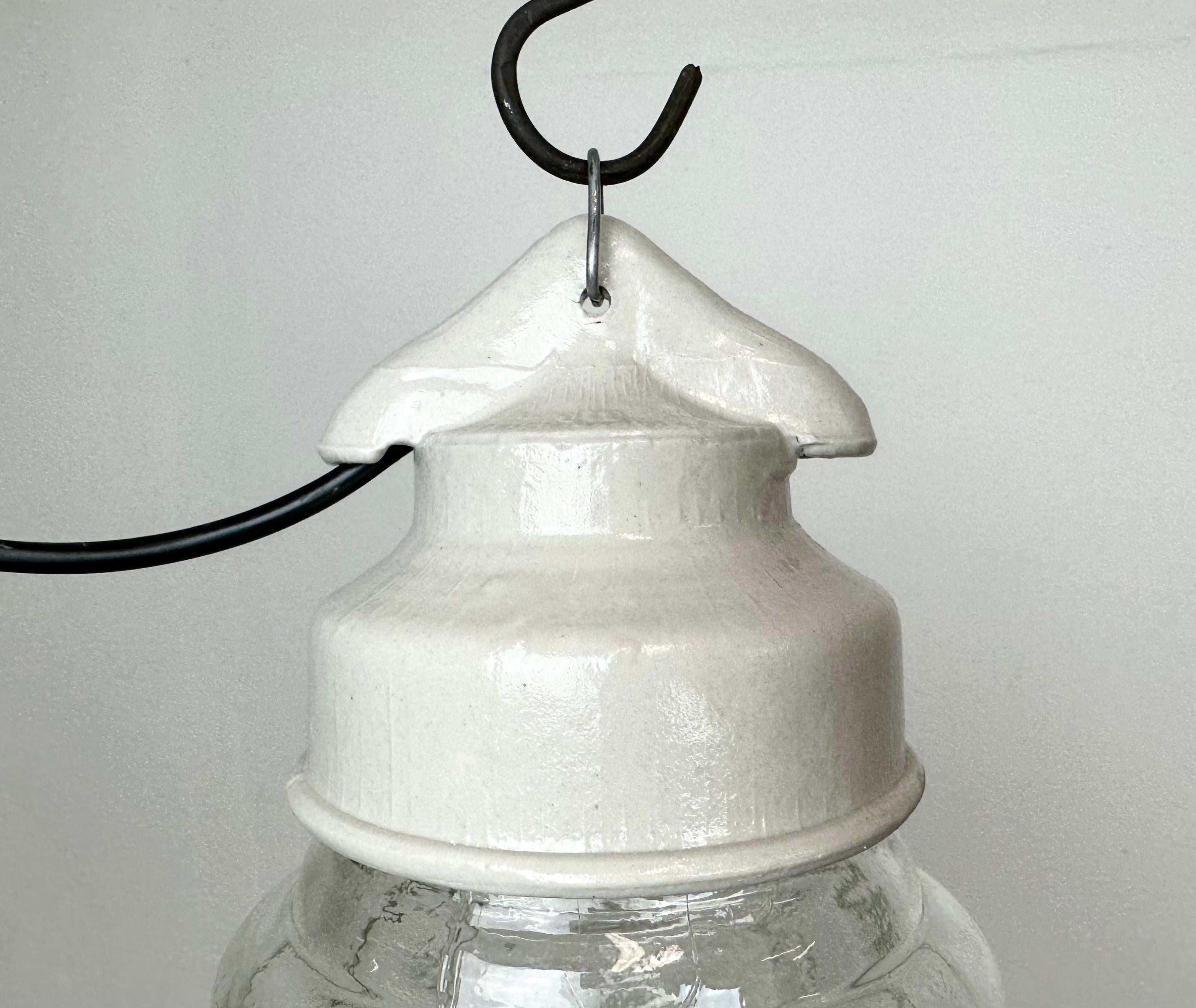 Russian Industrial White Porcelain Pendant Light with Ribbed Glass, 1970s