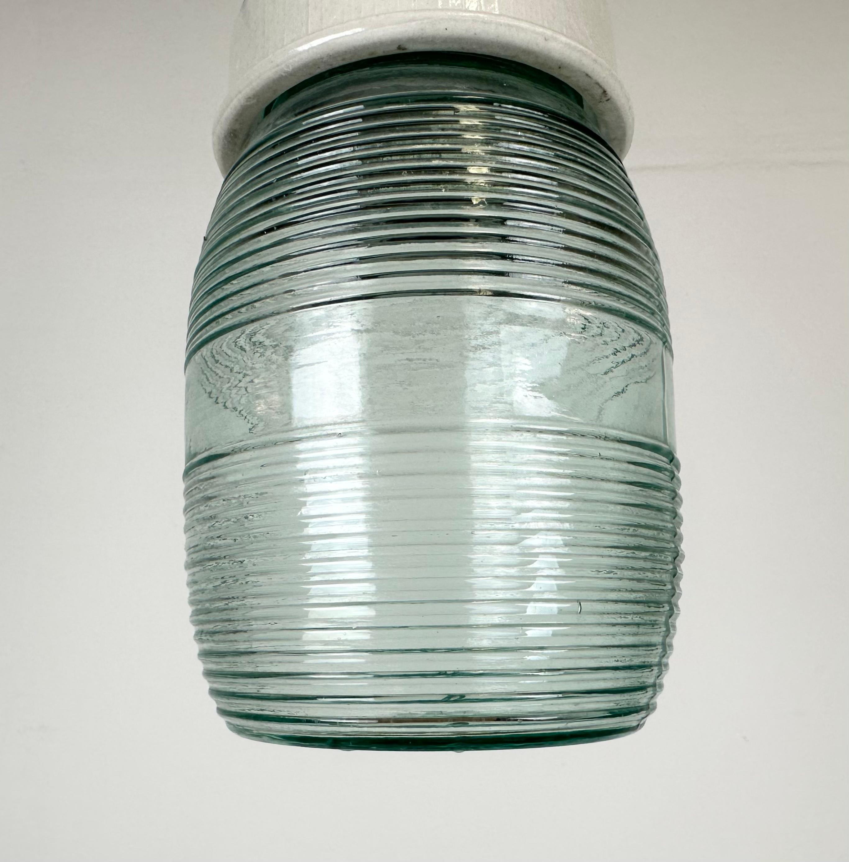 Industrial White Porcelain Pendant Light with Ribbed Glass, 1970s In Good Condition For Sale In Kojetice, CZ