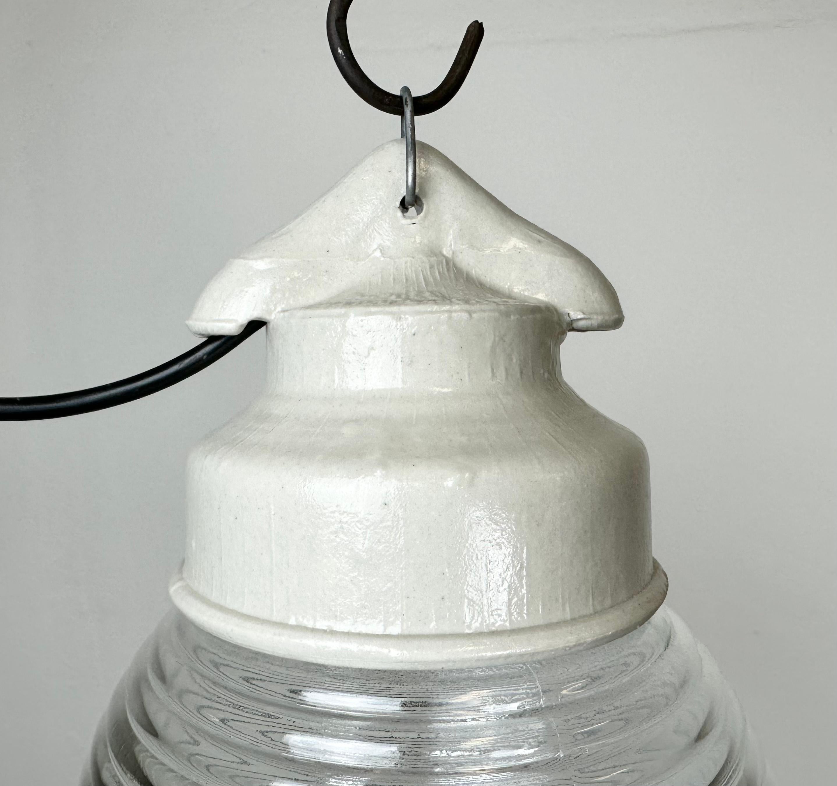 Industrial White Porcelain Pendant Light with Ribbed Glass, 1970s In Good Condition For Sale In Kojetice, CZ