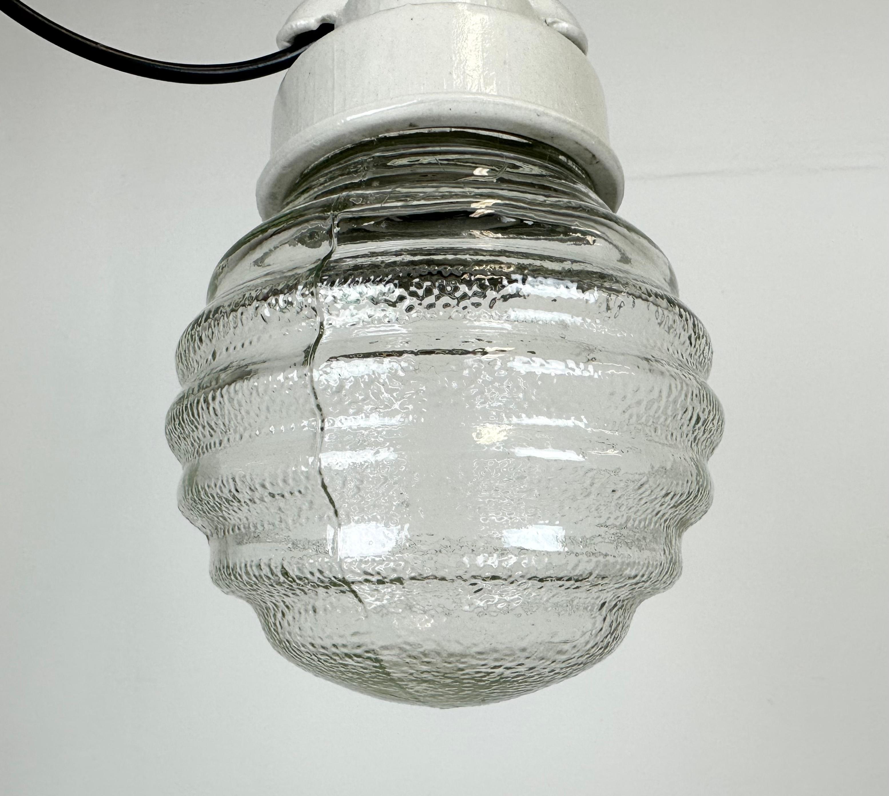 Industrial White Porcelain Pendant Light with Ribbed Glass, 1970s In Good Condition In Kojetice, CZ