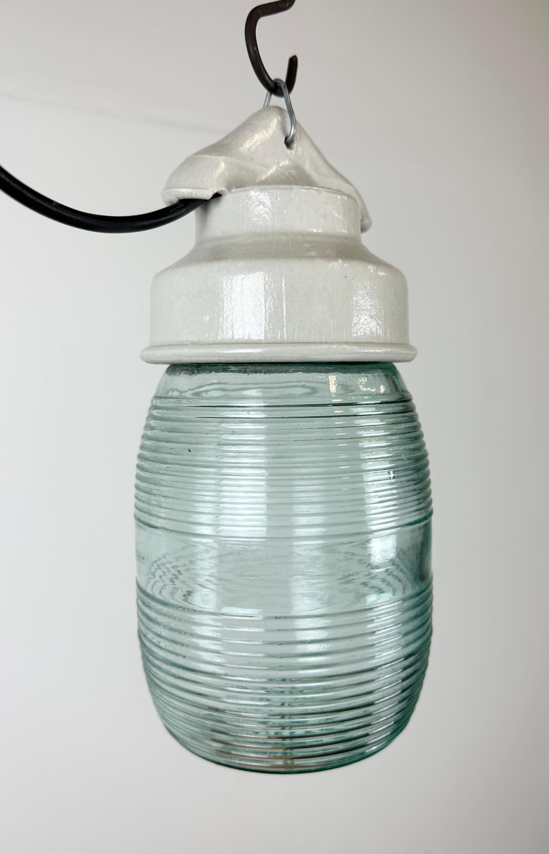Late 20th Century Industrial White Porcelain Pendant Light with Ribbed Glass, 1970s For Sale