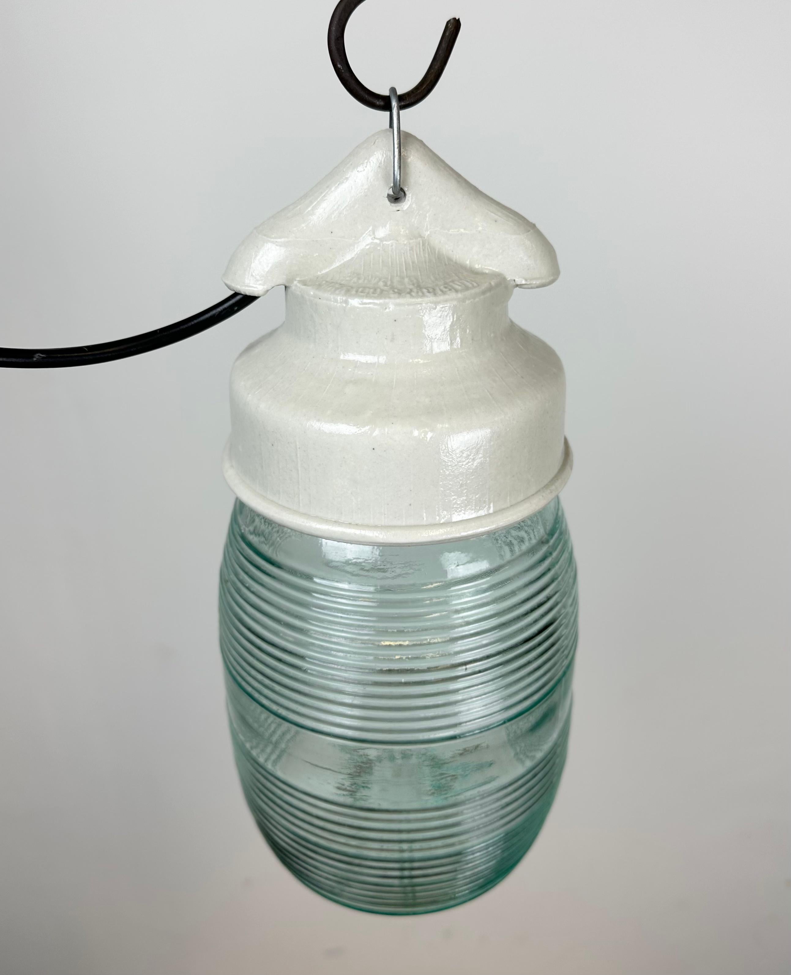 Industrial White Porcelain Pendant Light with Ribbed Glass, 1970s For Sale 1