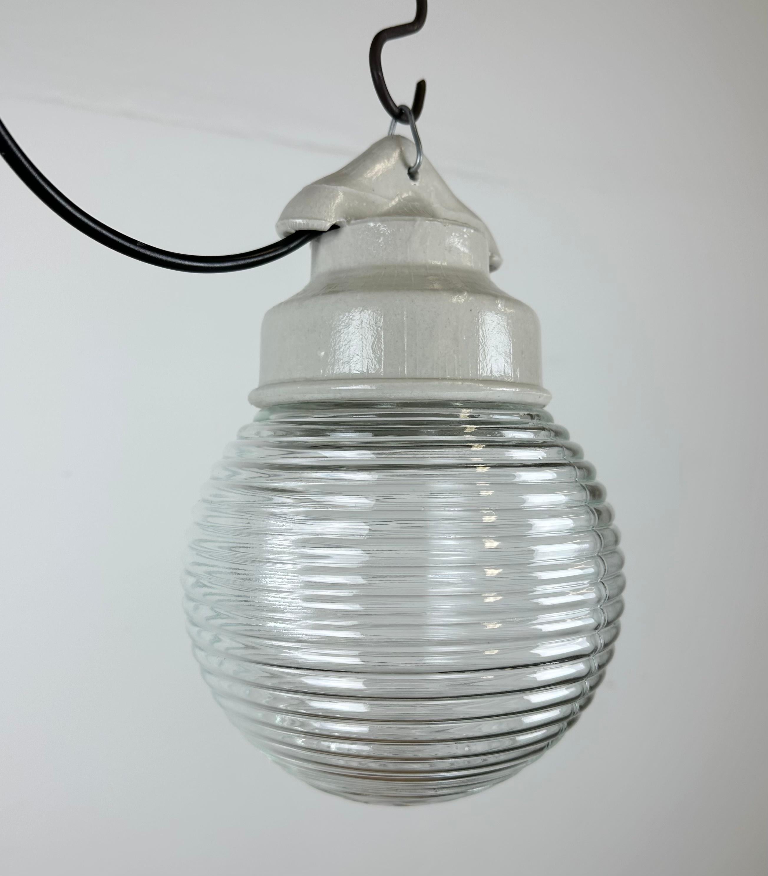 Industrial White Porcelain Pendant Light with Ribbed Glass, 1970s For Sale 1