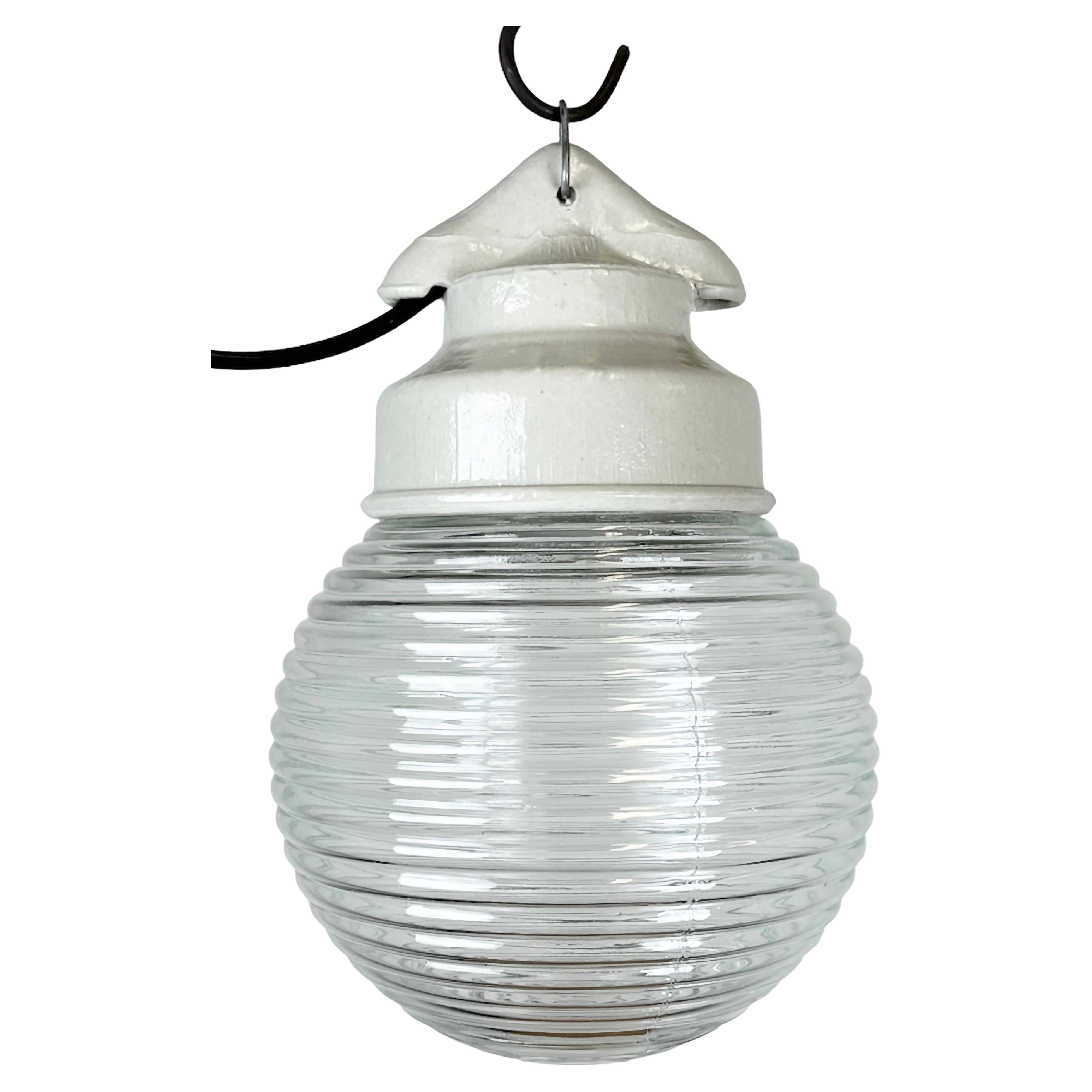 Industrial White Porcelain Pendant Light with Ribbed Glass, 1970s For Sale