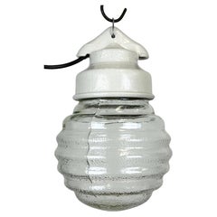 Industrial White Porcelain Pendant Light with Ribbed Glass, 1970s