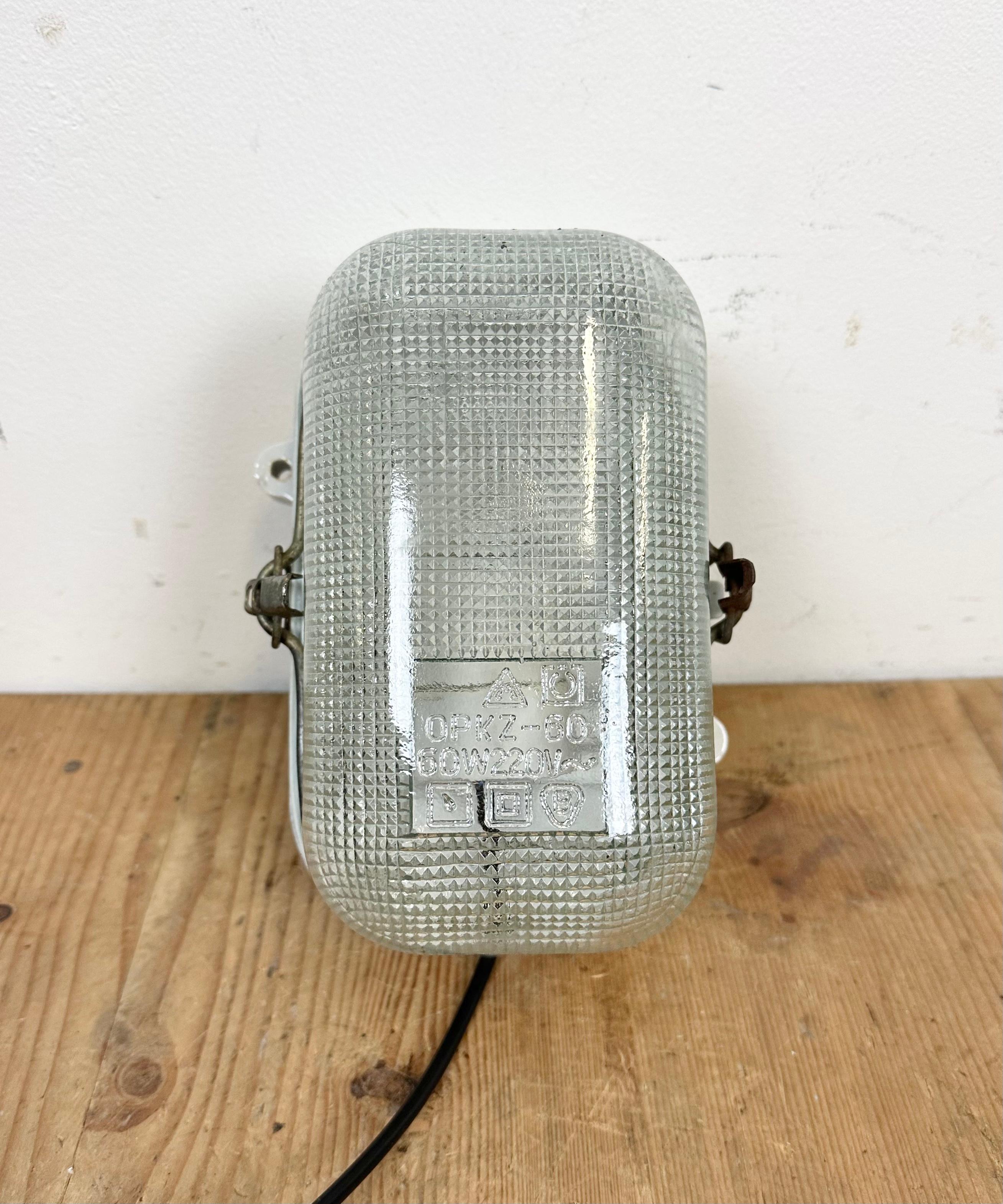 Russian Industrial White Porcelain Wall Light with Ribbed Glass, 1970s For Sale