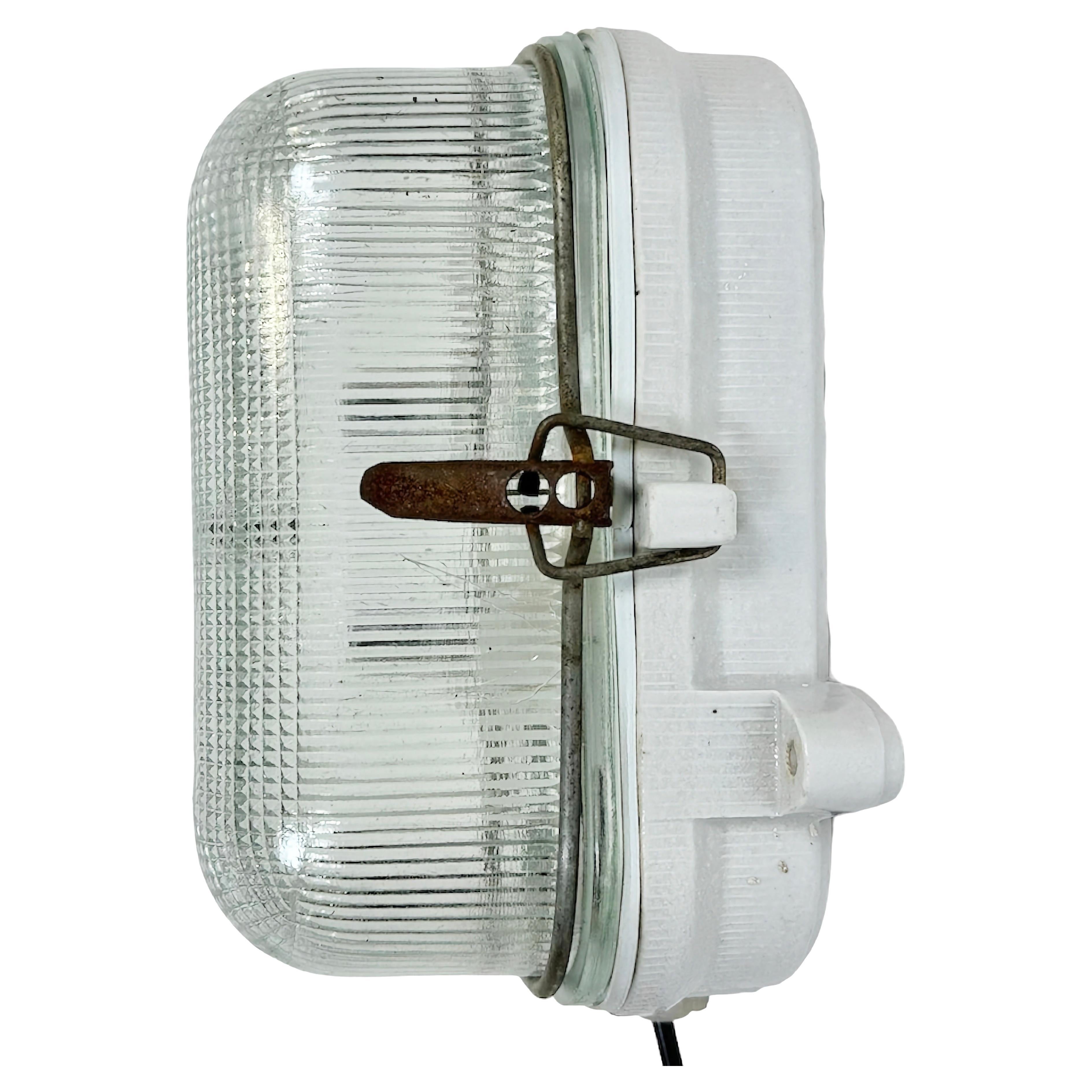 Industrial White Porcelain Wall Light with Ribbed Glass, 1970s For Sale