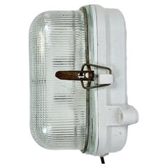 Retro Industrial White Porcelain Wall Light with Ribbed Glass, 1970s