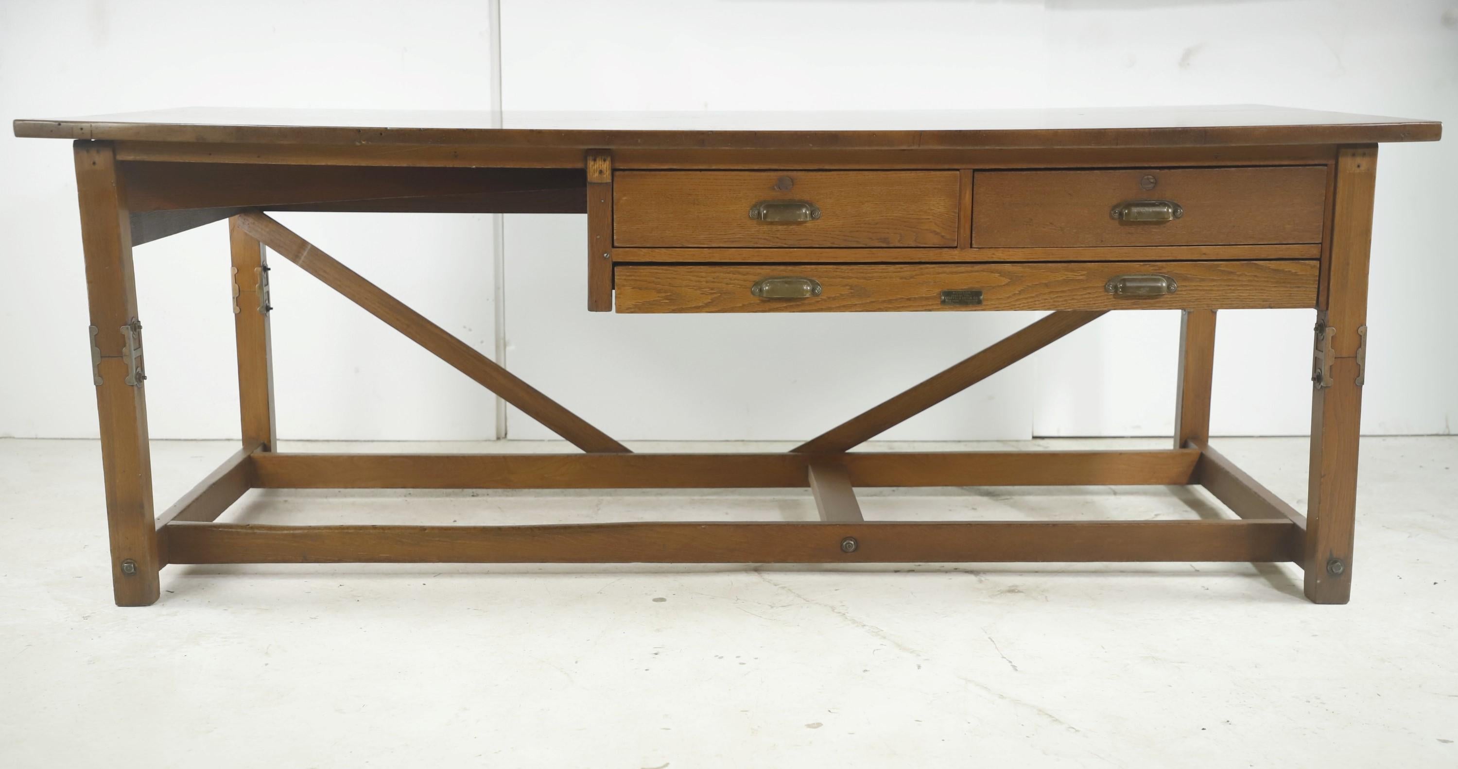 Industrial Wood 3 Drawer Hudson Drawing Table by Keuffel & Esser Co. For Sale 7