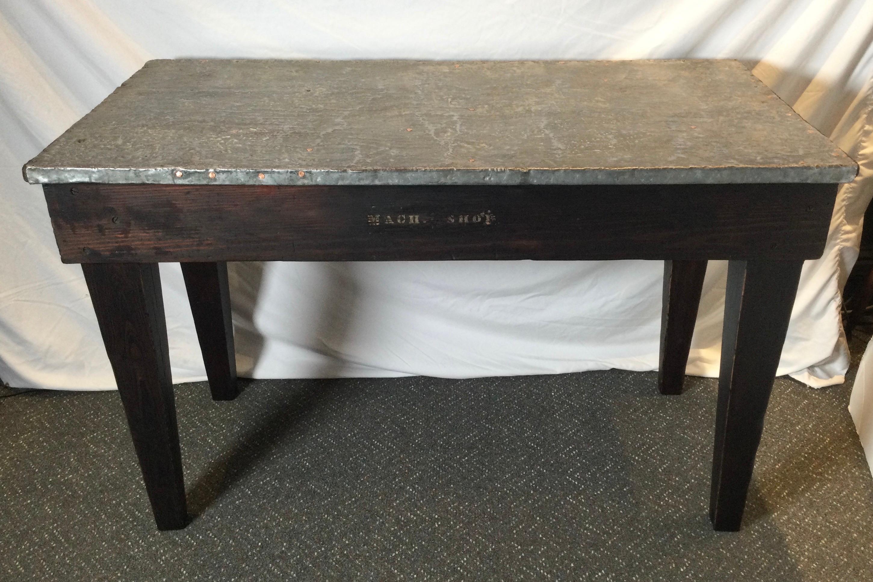 Wood and metal top desk work table marked 
