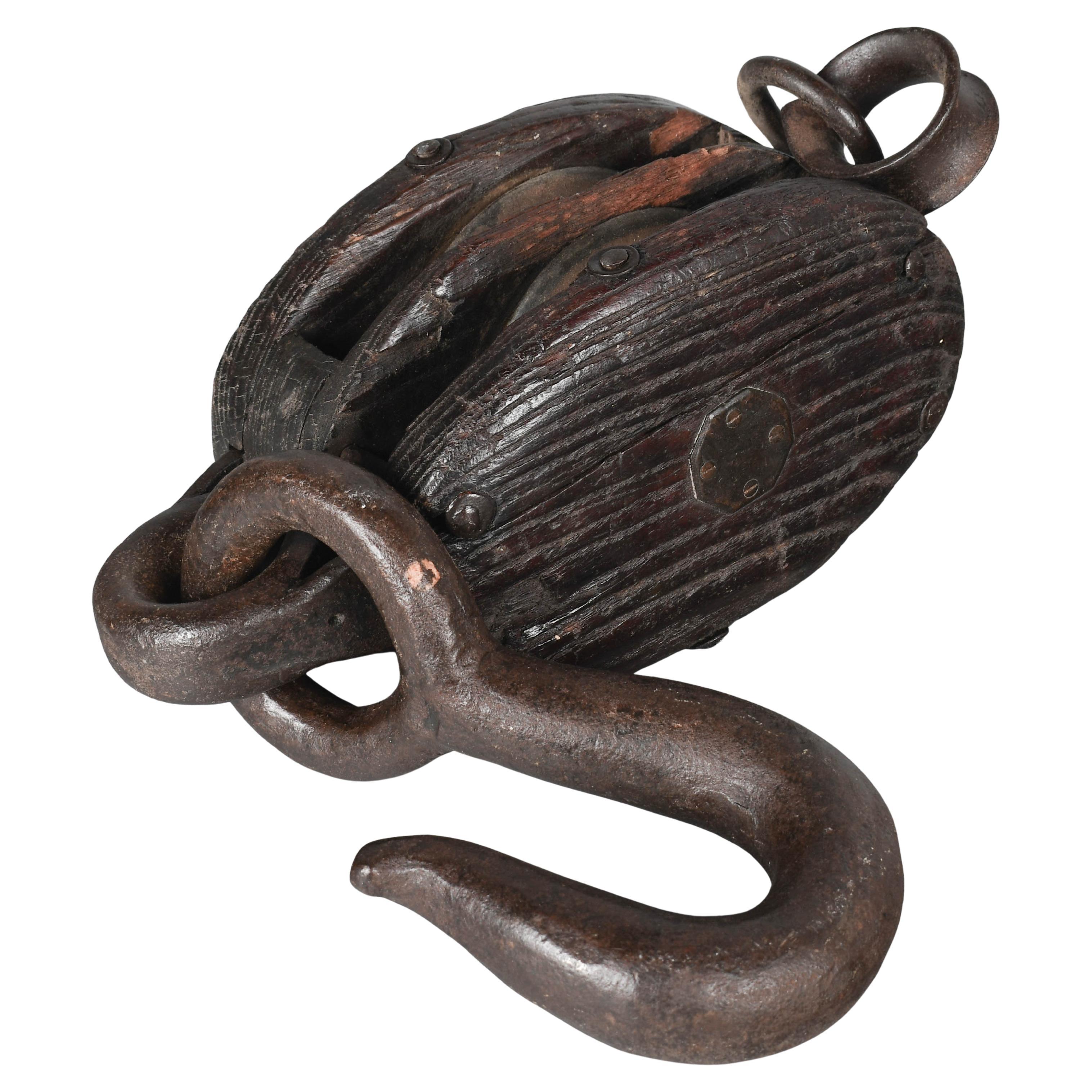 Industrial Wood & Cast Iron Double Block Pulley