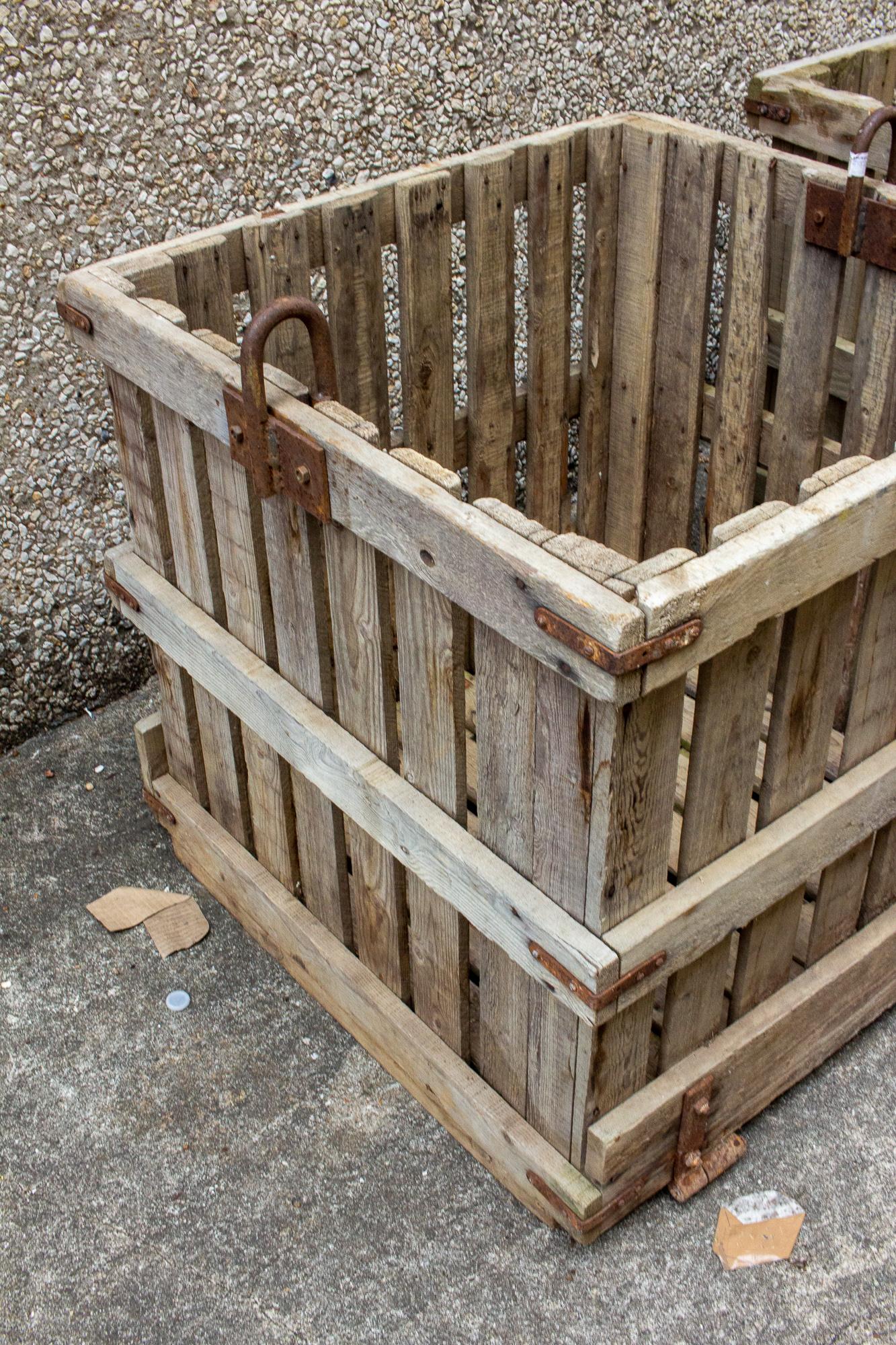 Vintage French Wood & Iron Industrial Crate Planter, Four Available In Good Condition In Houston, TX