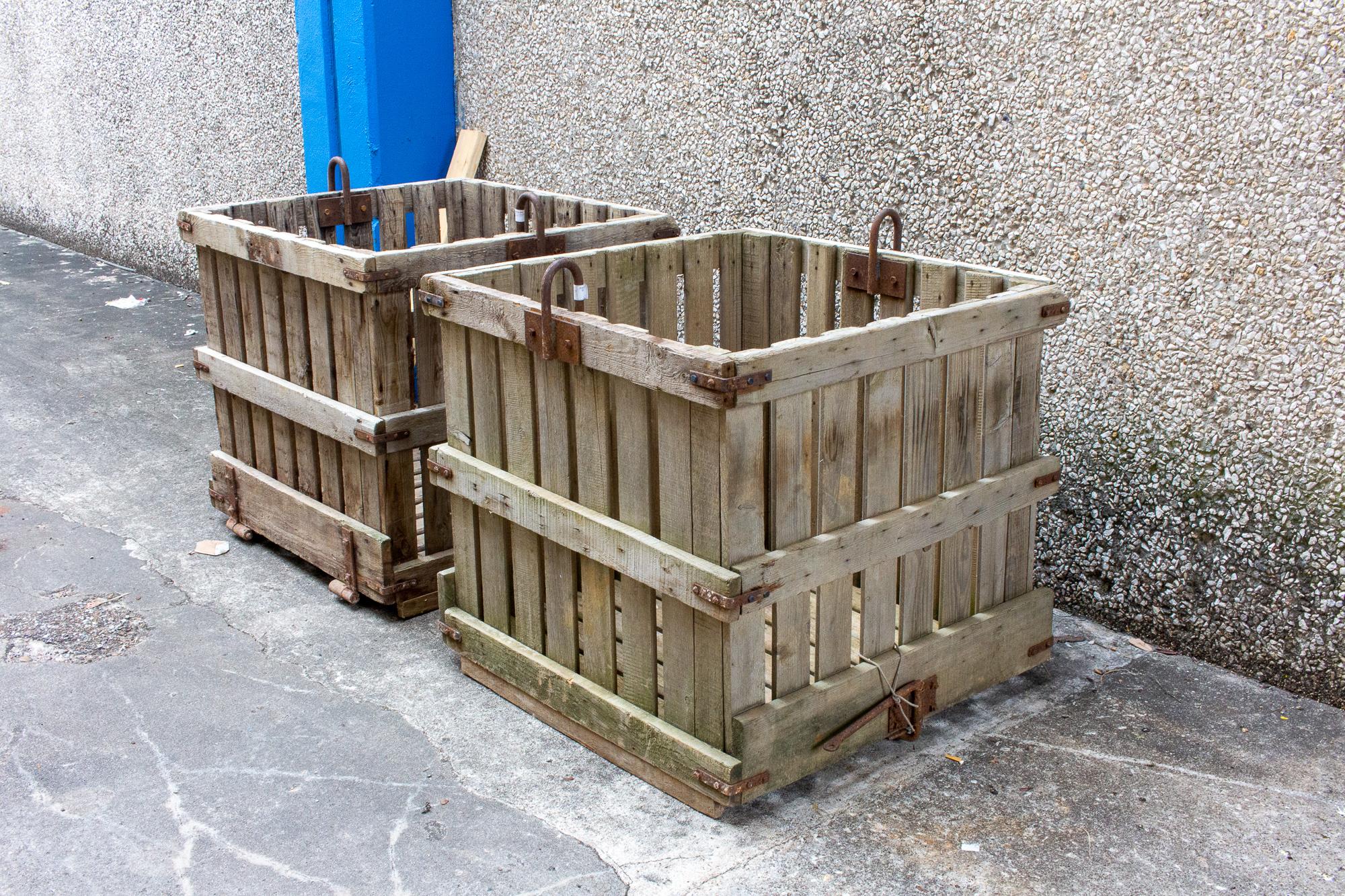 Vintage French Wood & Iron Industrial Crate Planter, Four Available 1