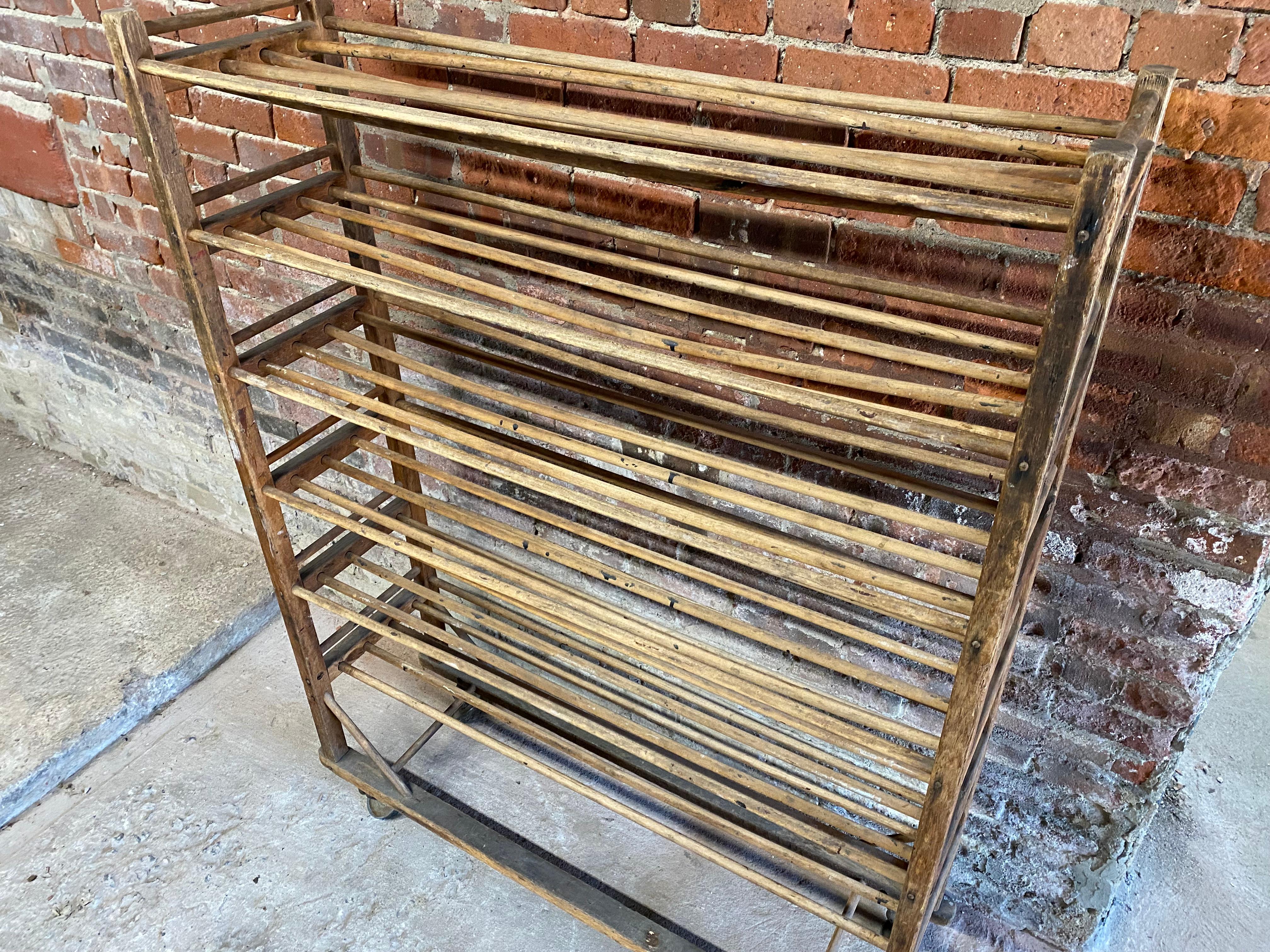 Industrial Wood Shelving Rolling Rack In Fair Condition In Garnerville, NY