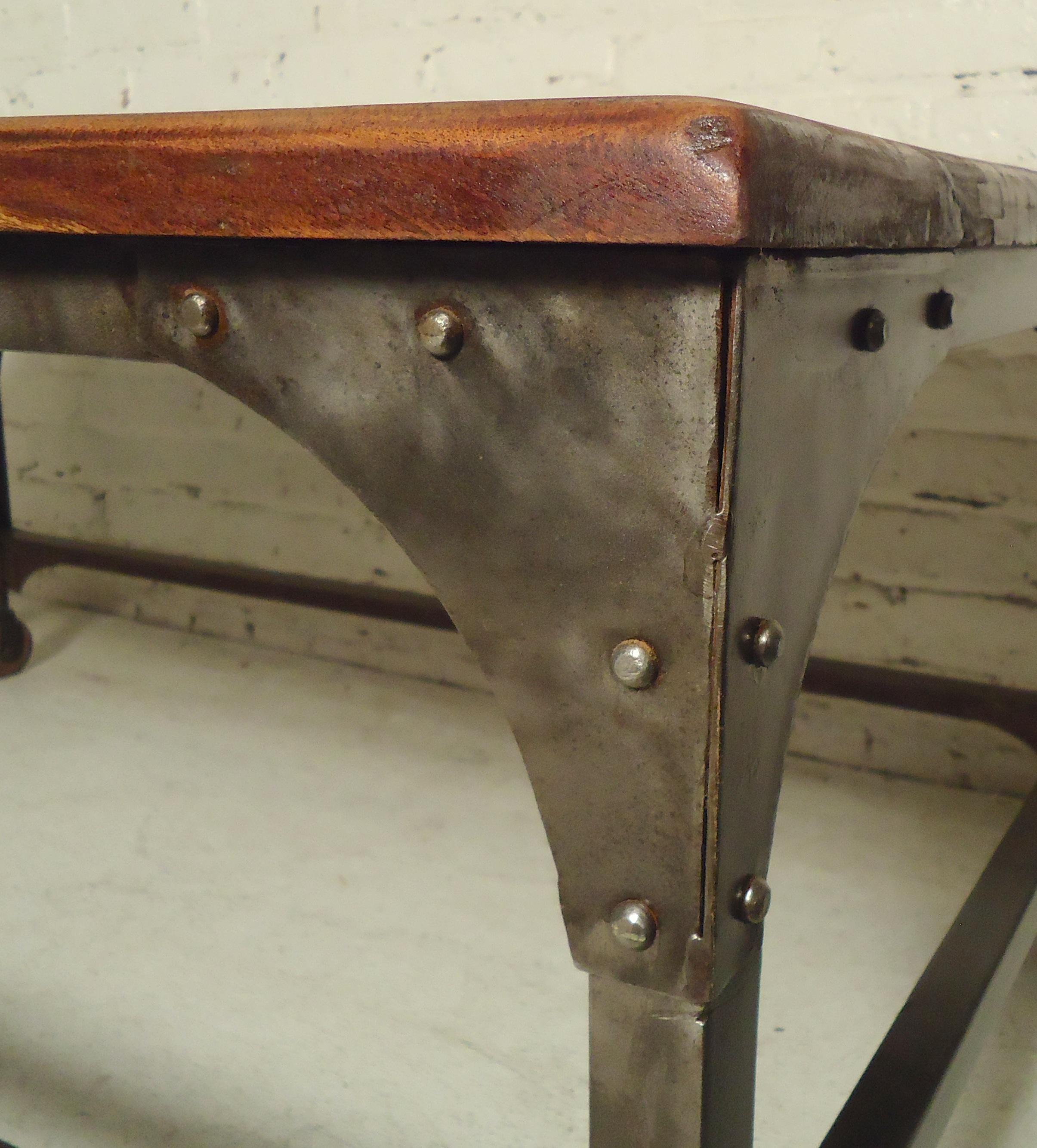 Industrial Wood Top Coffee Table In Distressed Condition For Sale In Brooklyn, NY