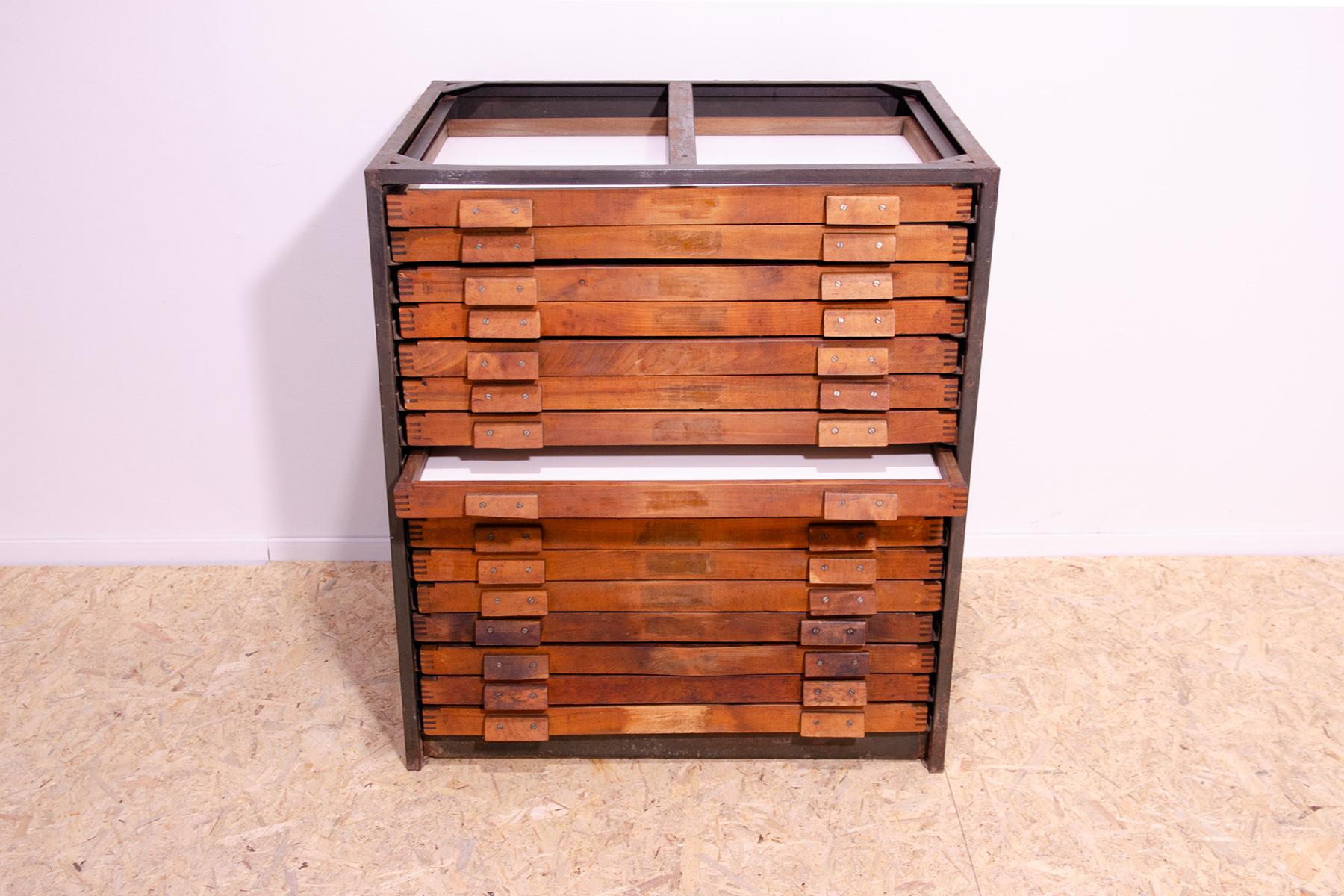 Industrial wooden and iron work chest of drawers, 1970s, Czechoslovakia 7