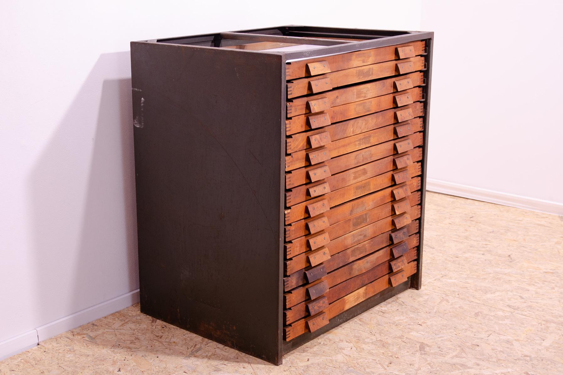 20th Century Industrial wooden and iron work chest of drawers, 1970s, Czechoslovakia