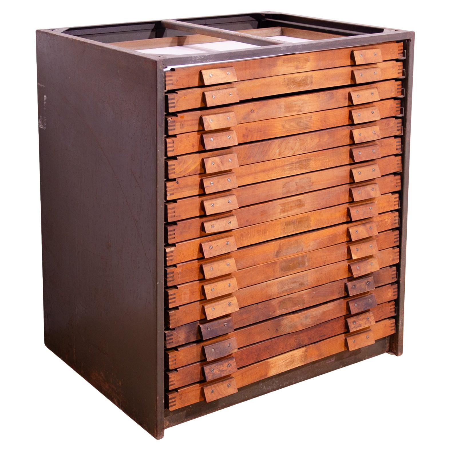 Industrial wooden and iron work chest of drawers, 1970s, Czechoslovakia