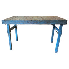 Industrial Wooden Folding Table in Old Blue Paint circa 1900