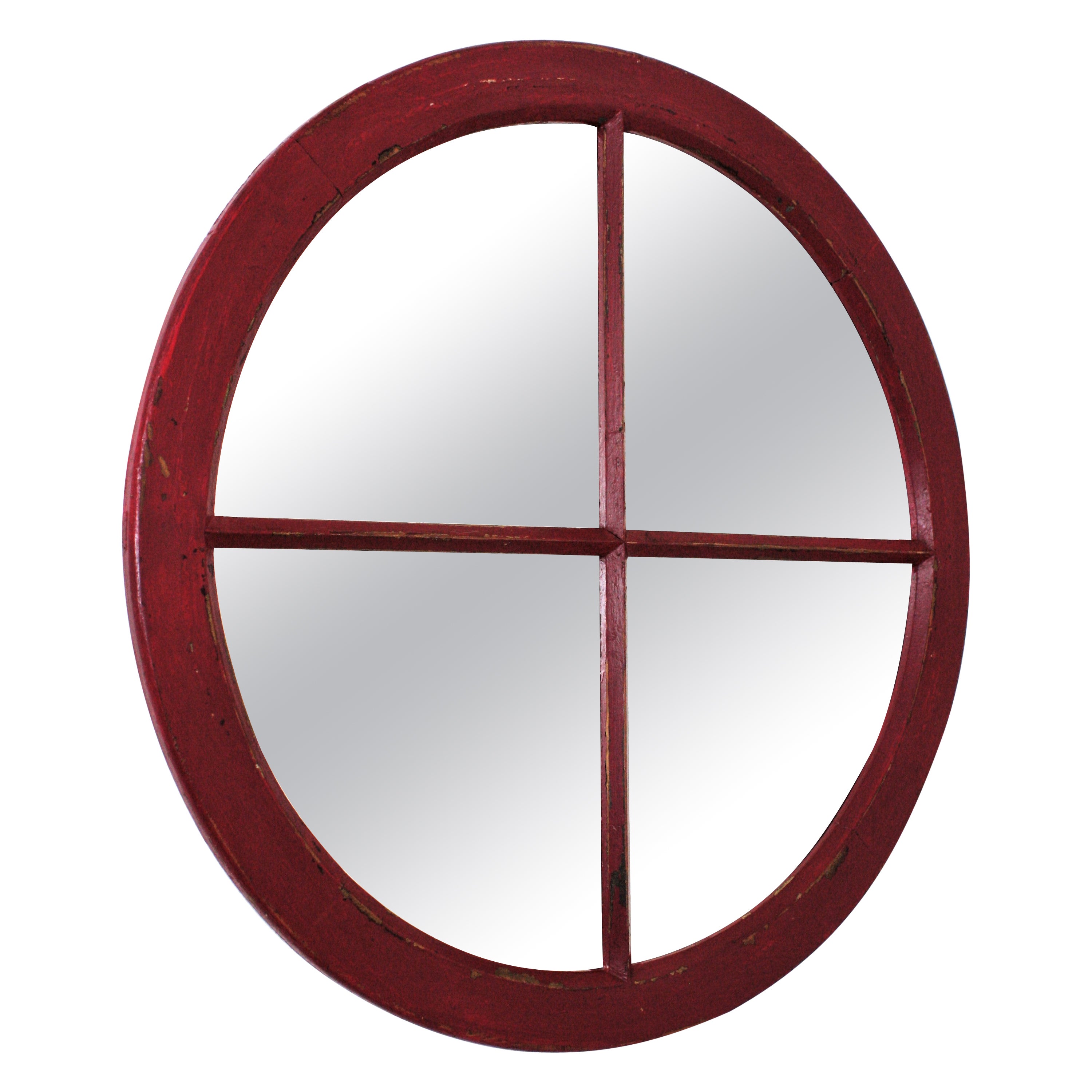 Red patinated industrial wooden window frame mirror. Spain, 1930s.
Eyecatching round window frame converted into wall mirror. This wooden wall mirror has its original paint in red color.
This piece willñ add an industrial taste to a contemporary