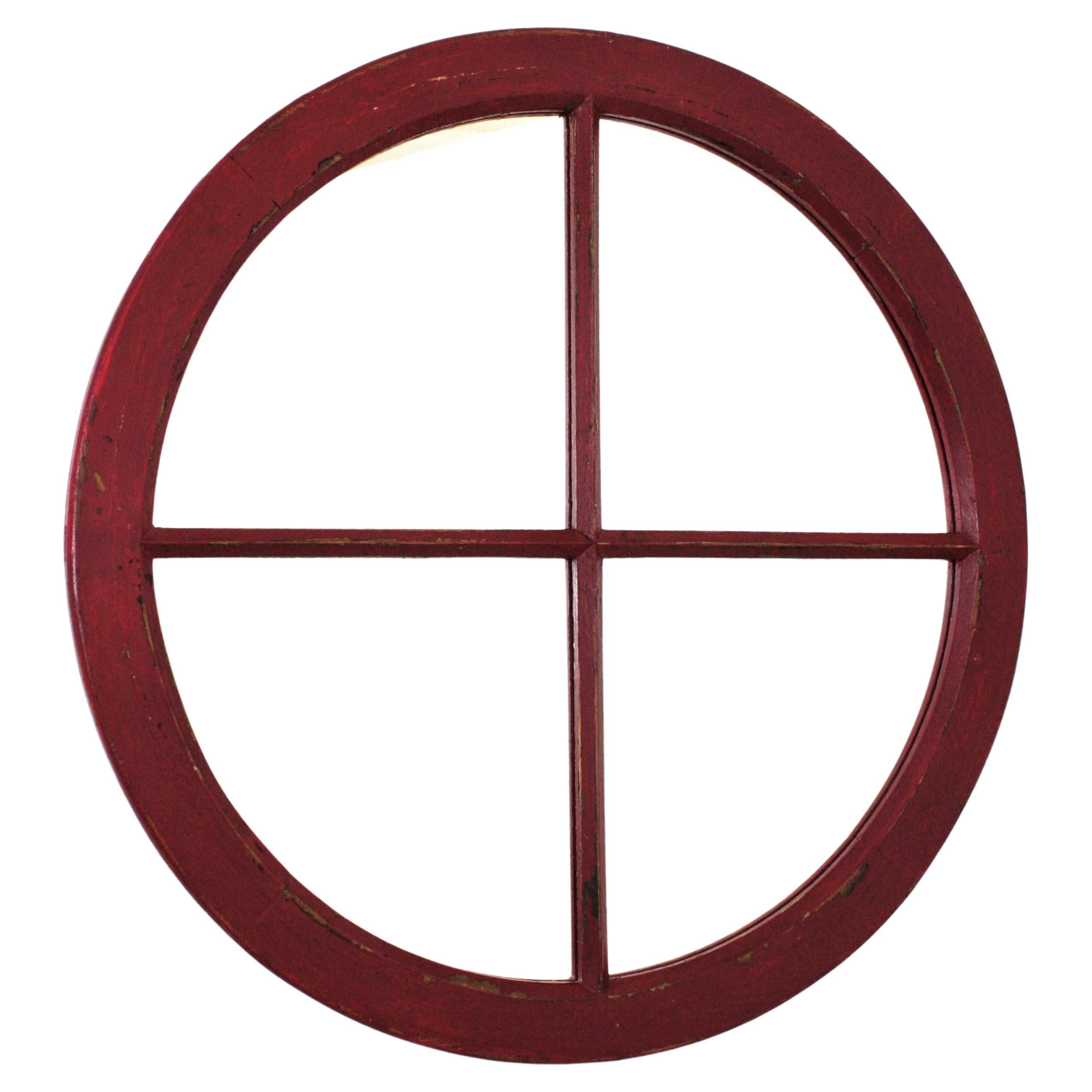 Industrial Wooden Round Mirror Window Frame