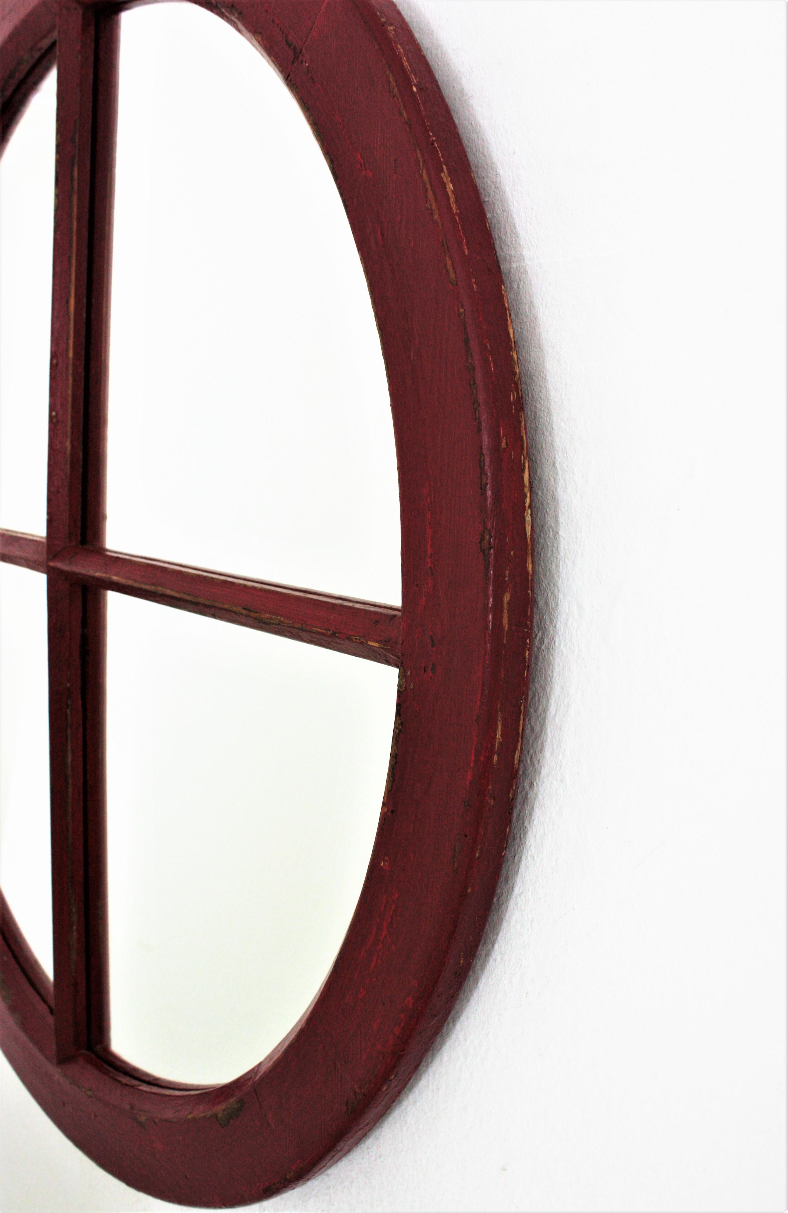 Industrial Wooden Round Mirror Window Frame  For Sale 7