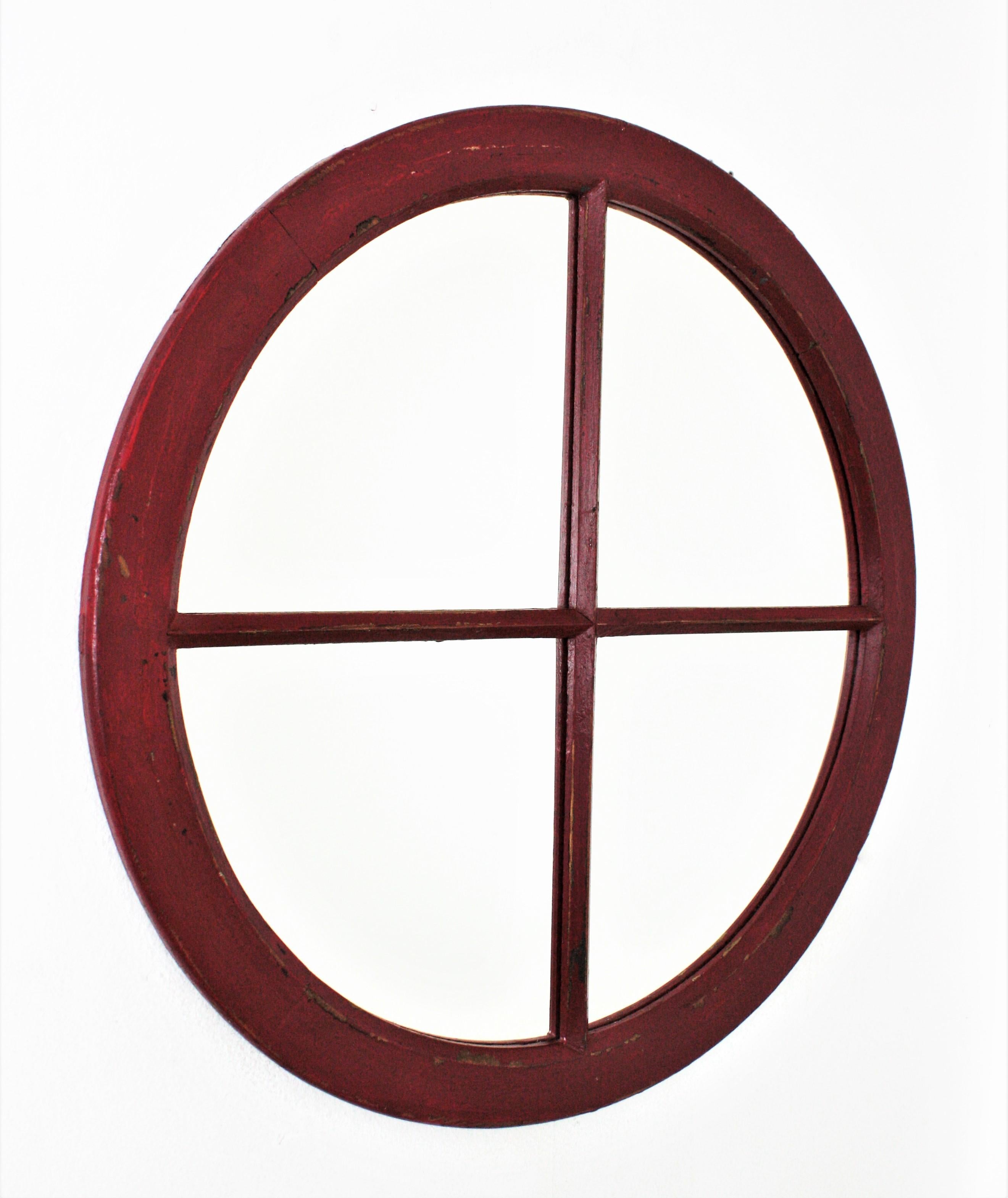 Spanish Industrial Wooden Round Mirror Window Frame  For Sale