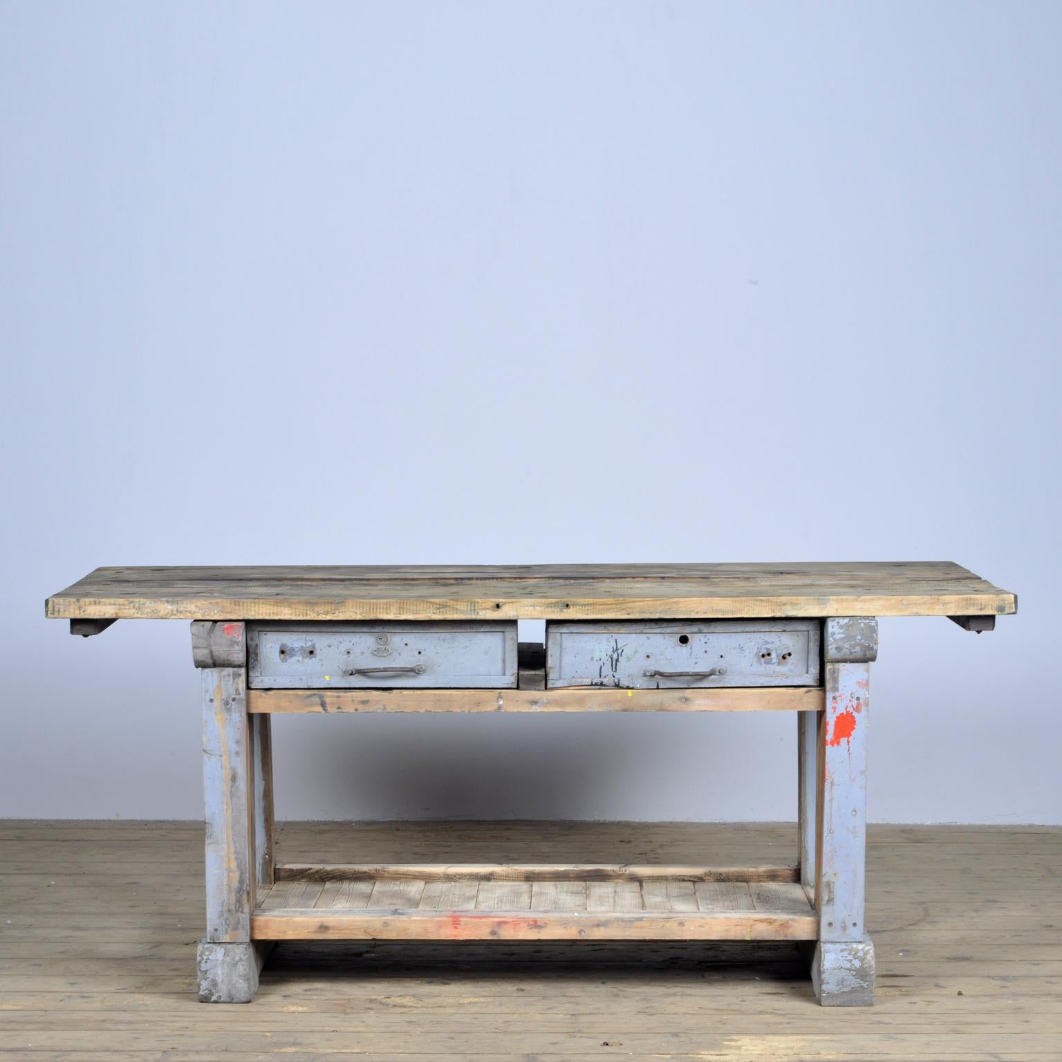 Industrial hardwood worktable from the 1950s. With two drawers. The table is restored and ready to use!
 