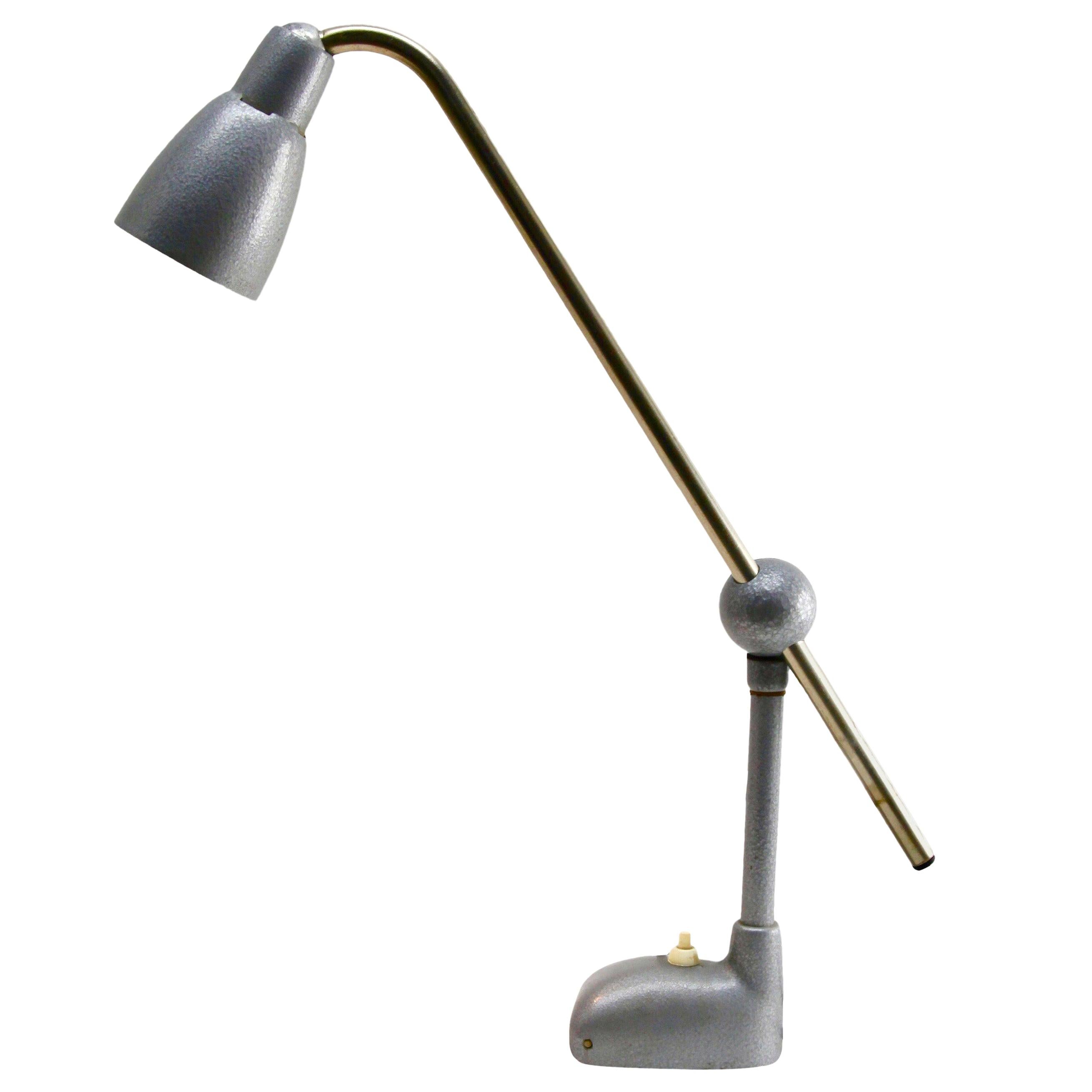 Industrial Work-Light 'Desk Lamp' in Silver-Grey with Concealed Screw-Down Base For Sale