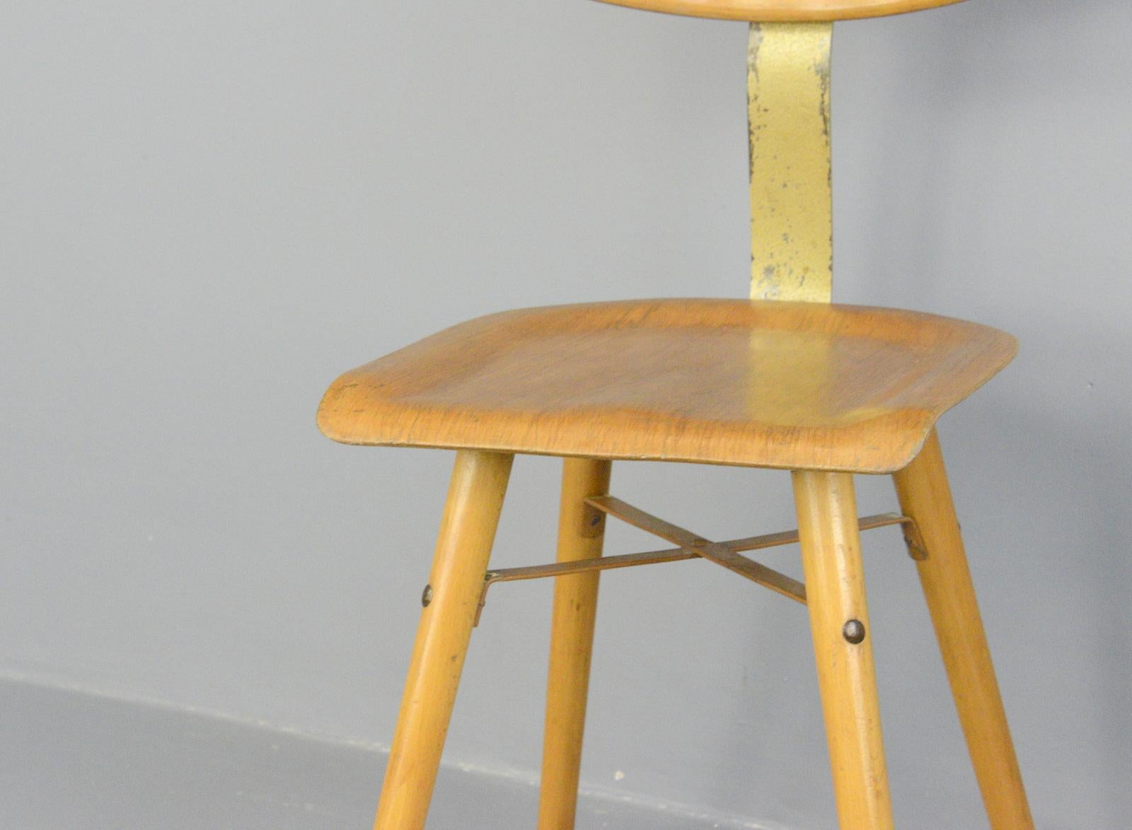 Industrial work stool by Ama, circa 1930s

- Ply seat
- Sprung steel back rest
- Designed by Albert Menger
- Produced by Ama, Nordhalben
- German, 1930s
- Measures: 39cm wide x 47cm deep x 90cm tall
- 52cm seat height

Condition
