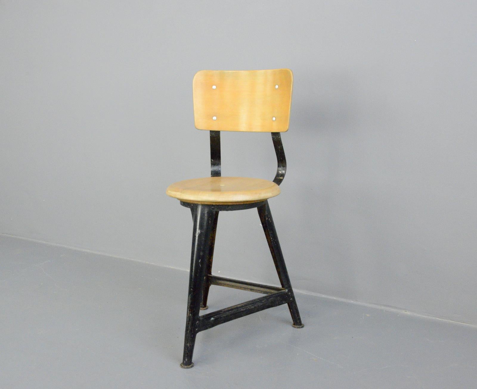Industrial work stools by Ama, circa 1930s

- Price is per stool
- Steel frame
- Solid Elm seat with ply backrest
- Designed by Albert Menger
- Produced by Ama, Nordhalben
- German, 1930s
- Measures: 35cm wide x 41cm deep
- 50cm seat