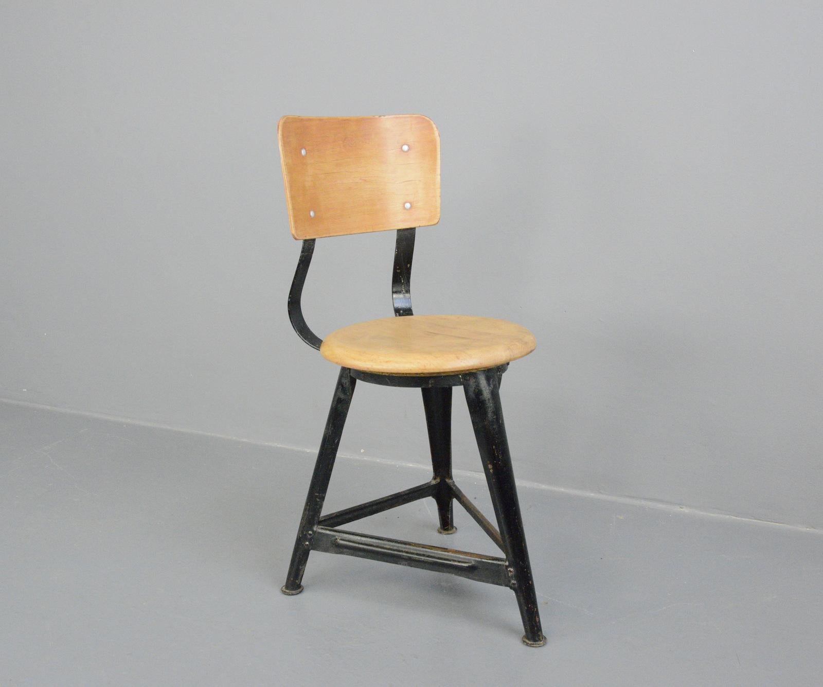 Industrial work stools by Ama, circa 1930s

- Price is per stool
- Steel frame
- Solid Elm seat with ply backrest
- Designed by Albert Menger 
- Produced by Ama, Nordhalben
- German ~ 1930s
- Measures: 35cm wide x 41cm deep 
- 46cm seat