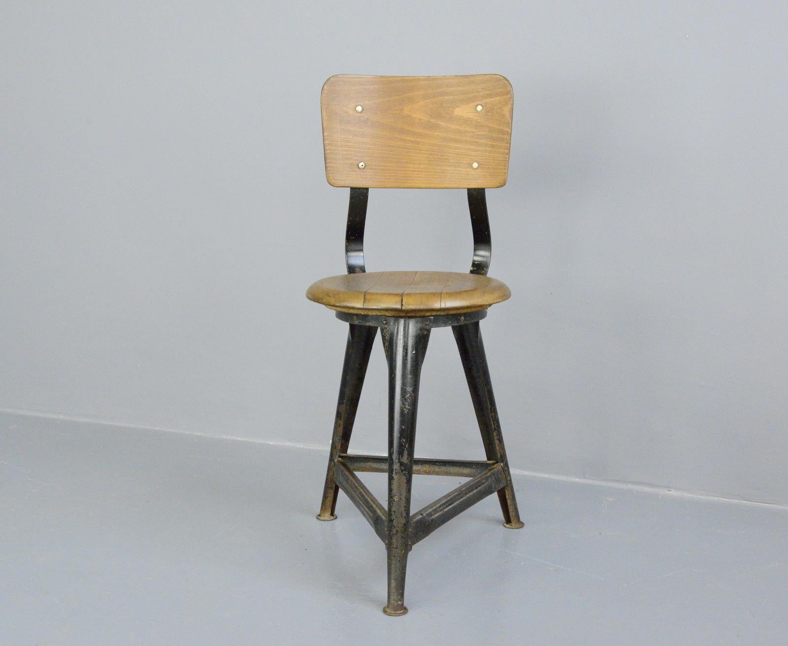 Industrial work stools by Ama, circa 1930s

- Price is per stool
- Steel frame
- Solid Elm seat with ply back rest
- Designed by Albert Menger 
- Produced by Ama, Nordhalben
- German ~ 1930s
- 35cm wide x 41cm deep 
- 50cm seat