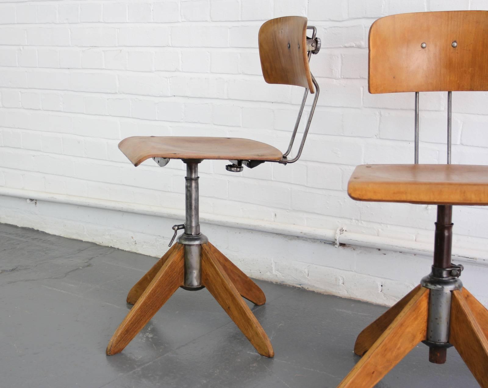 Industrial work stools by Robert Wagner for Rowac, circa 1940s

- Price is per chair (two available)
- Sprung backrest and seat
- Height adjustable
- Adjustable backrest
- German, circa 1940s
- Measures: 38cm wide x 50cm deep x 81cm tall
-