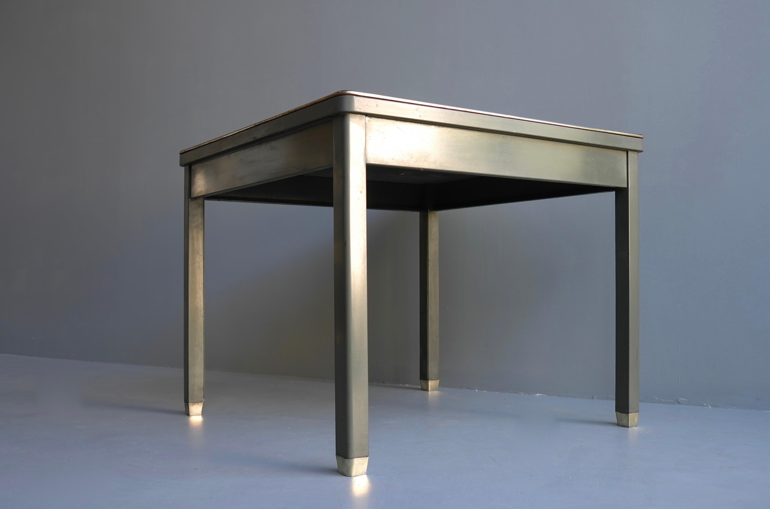 Mid-Century Modern 4x Industrial Work Table in Green Metal with Brass Feet and Rim, Belgium, 1950s