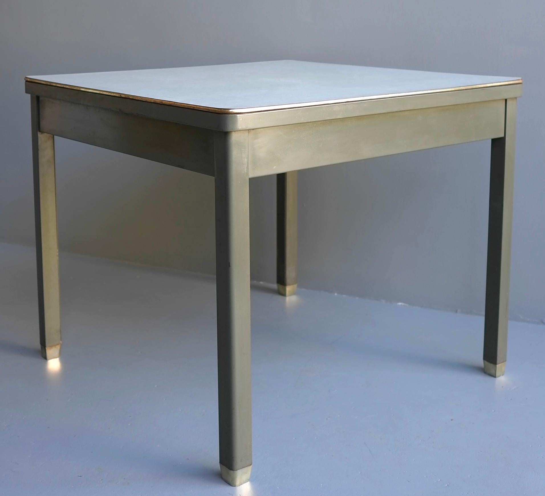 4x Industrial Work Table in Green Metal with Brass Feet and Rim, Belgium, 1950s 1