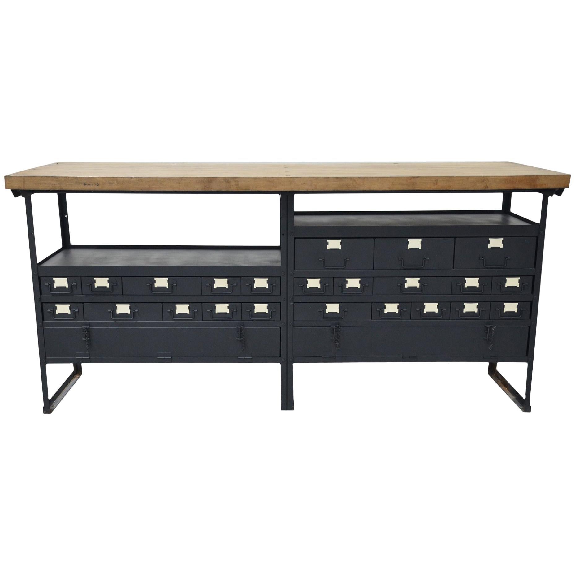 Industrial Work Table/Island with Drawers and Maple Wood Butcher Block Top For Sale