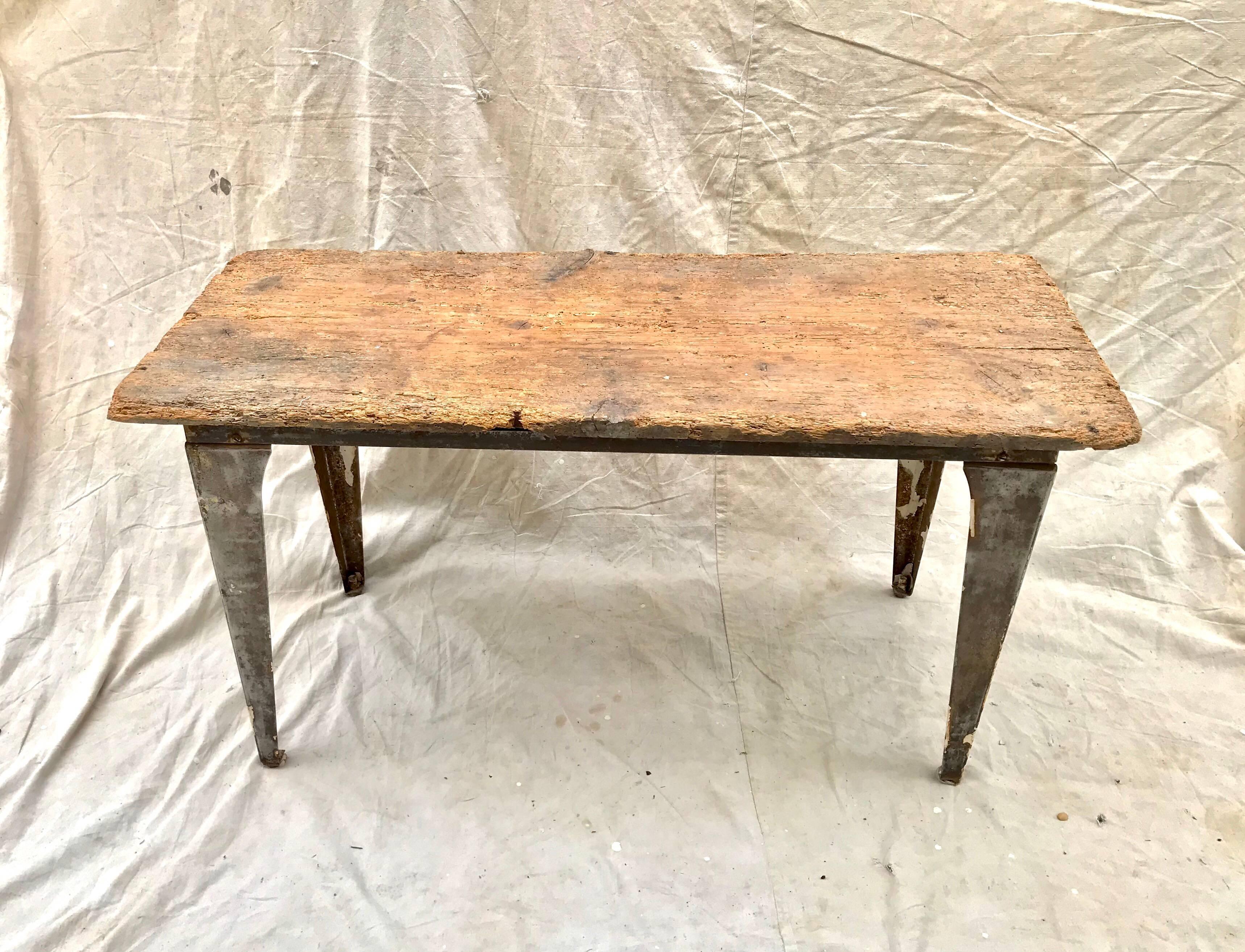 Steel Industrial Workbench / Studio Table with 19th Century Pine Top For Sale